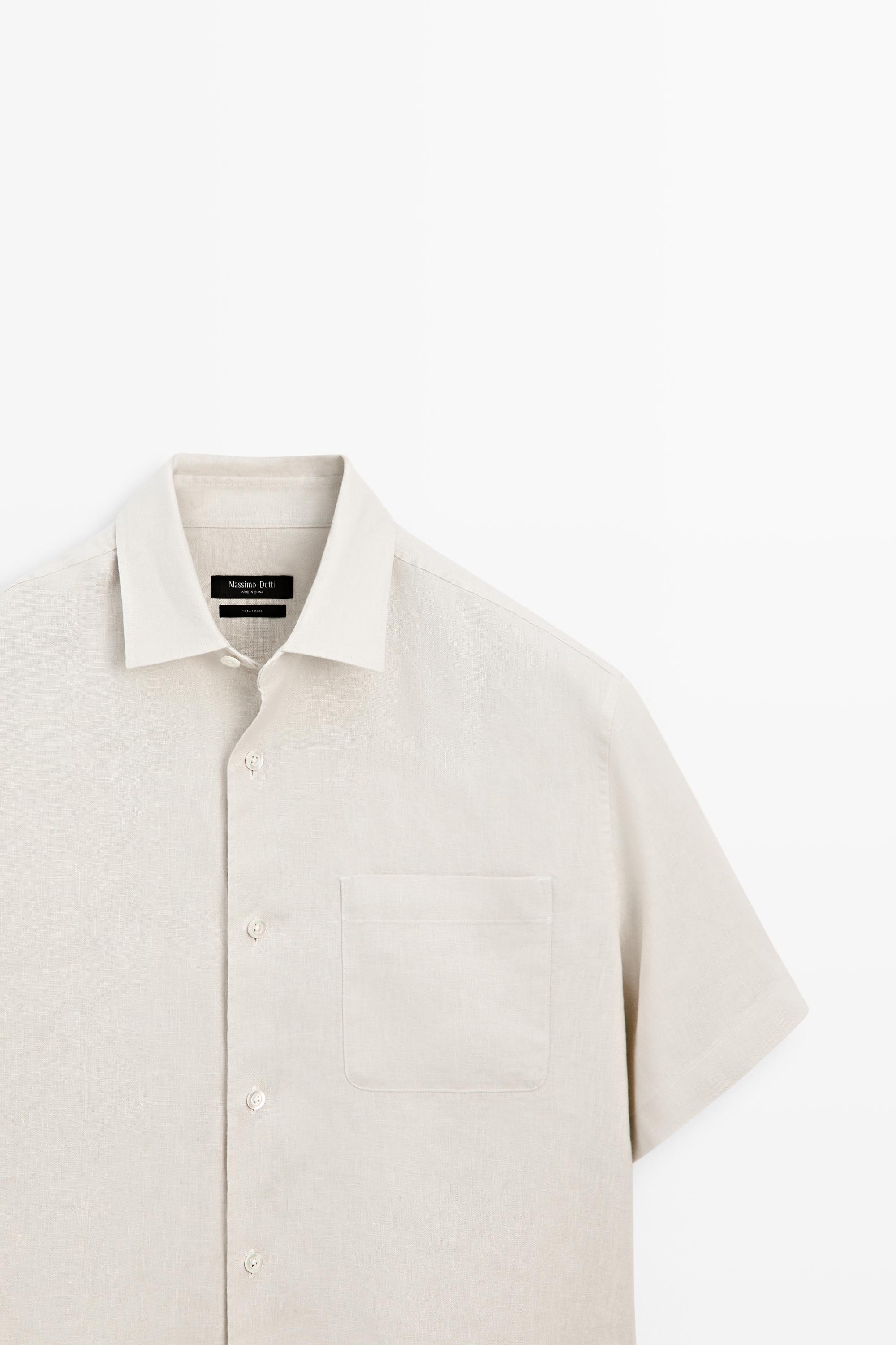 100% linen regular fit short sleeve shirt — BEIGE