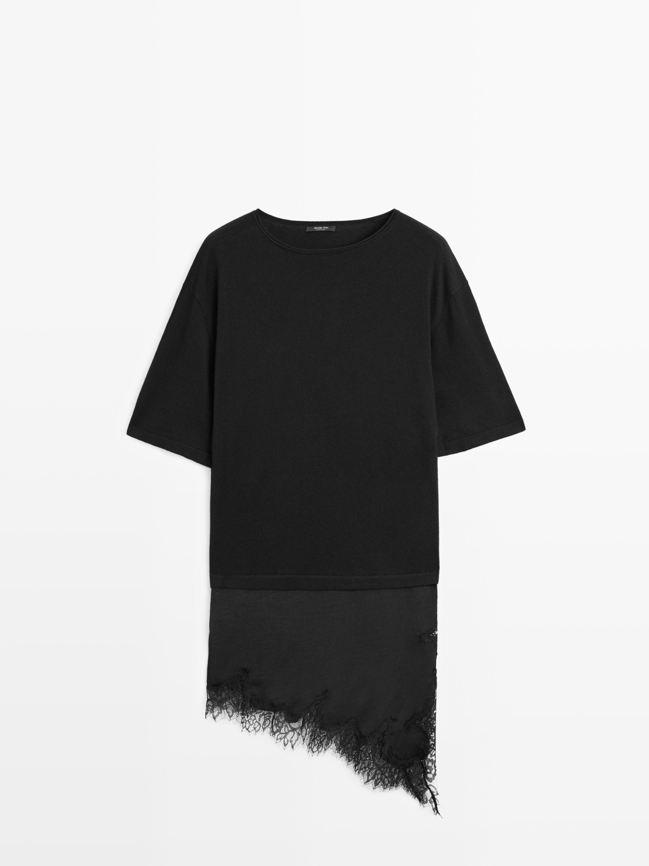 Sweater with contrast lace detail — BLACK