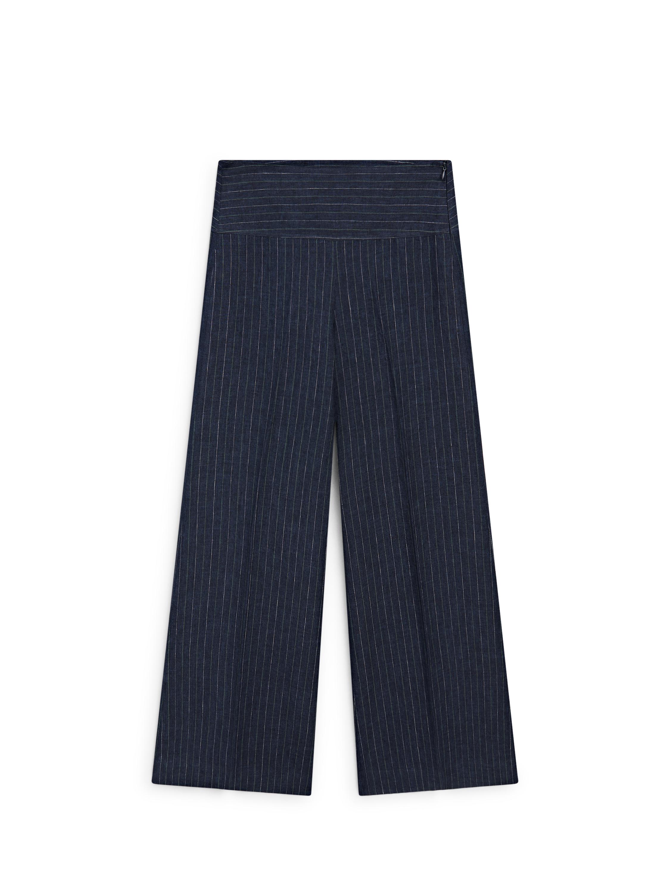 Çizgili keten İspanyol paça pantolon