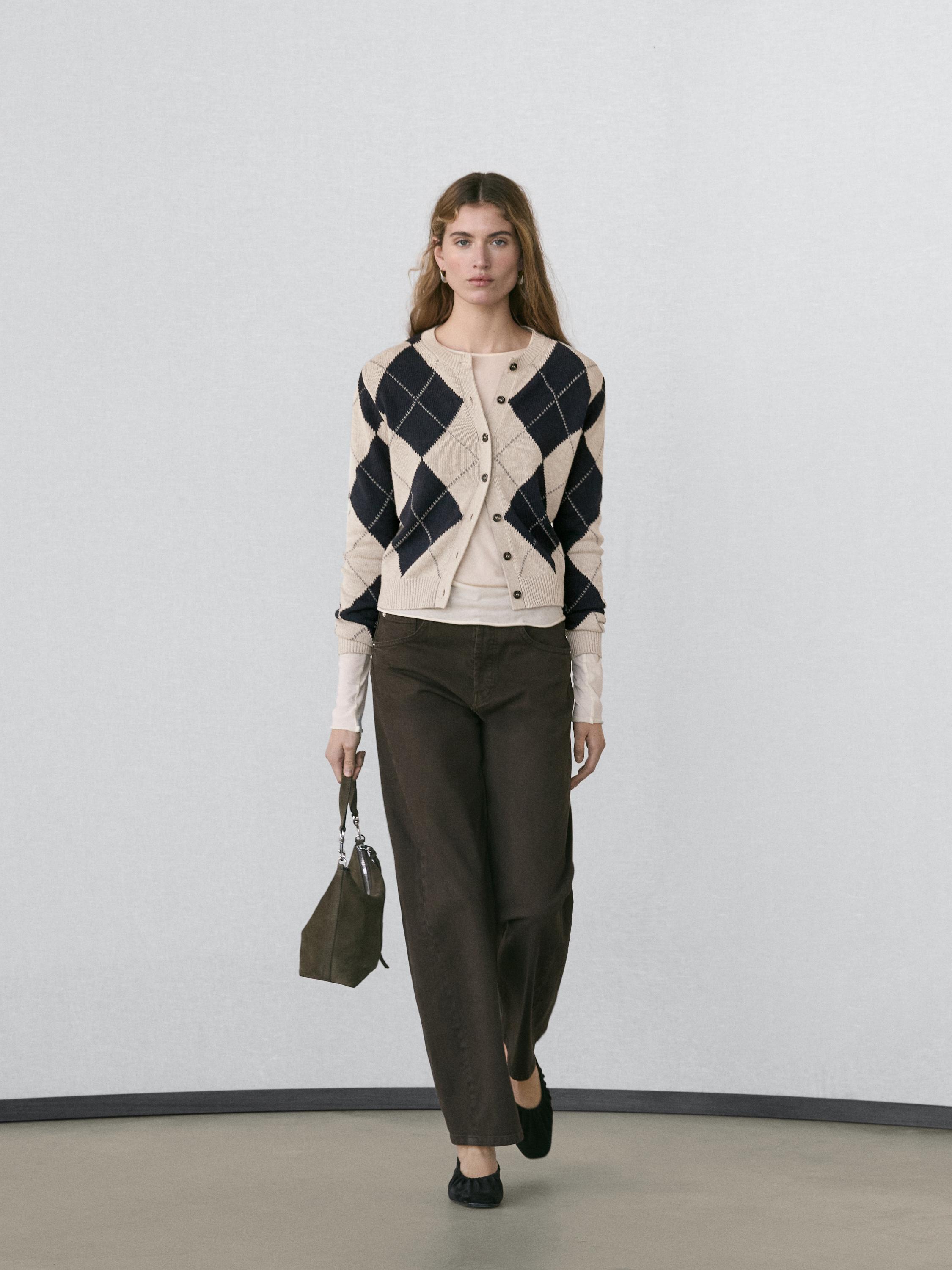 Cotton blend argyle knit cardigan