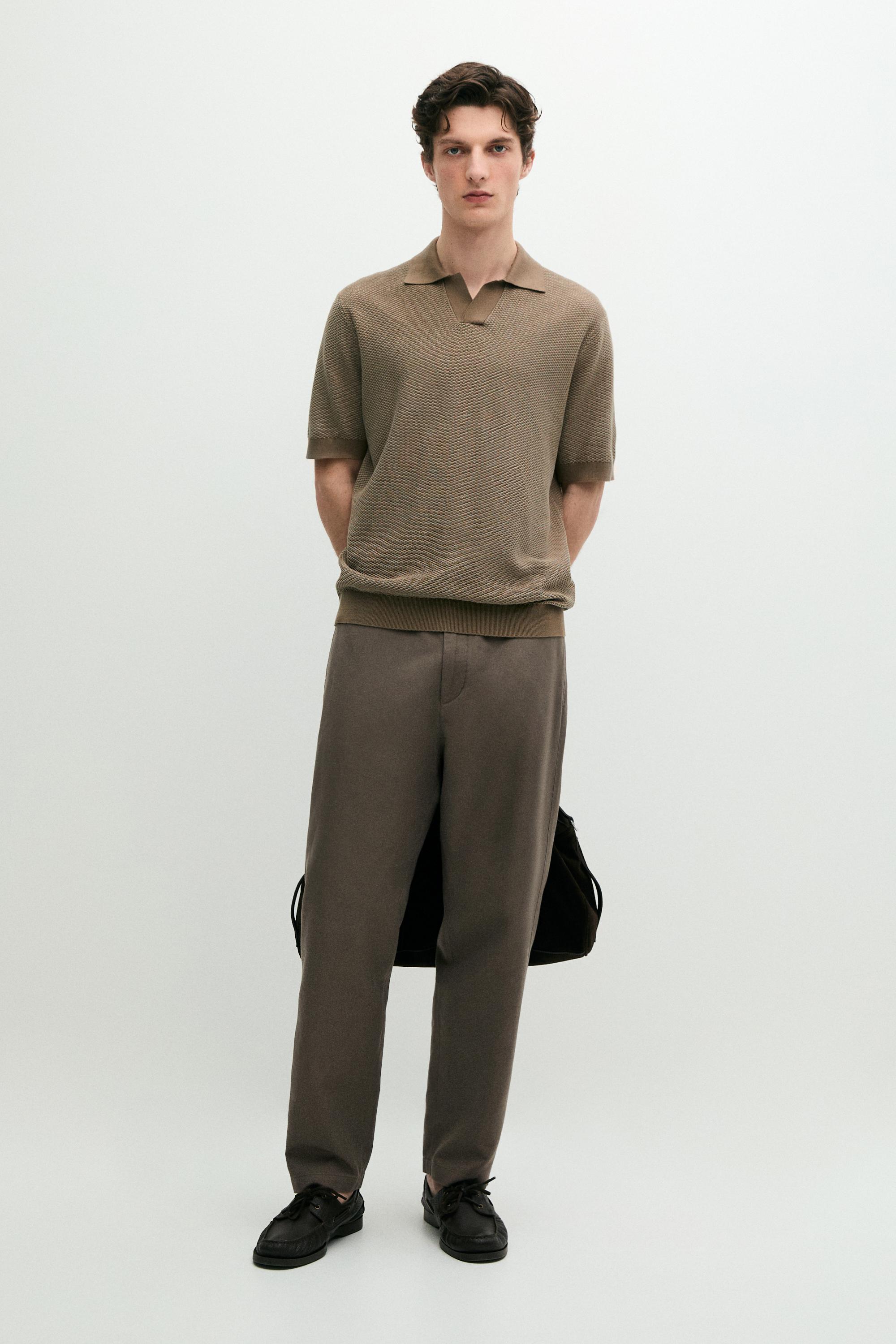 100% cotton textured knit polo sweater — MOLE BROWN