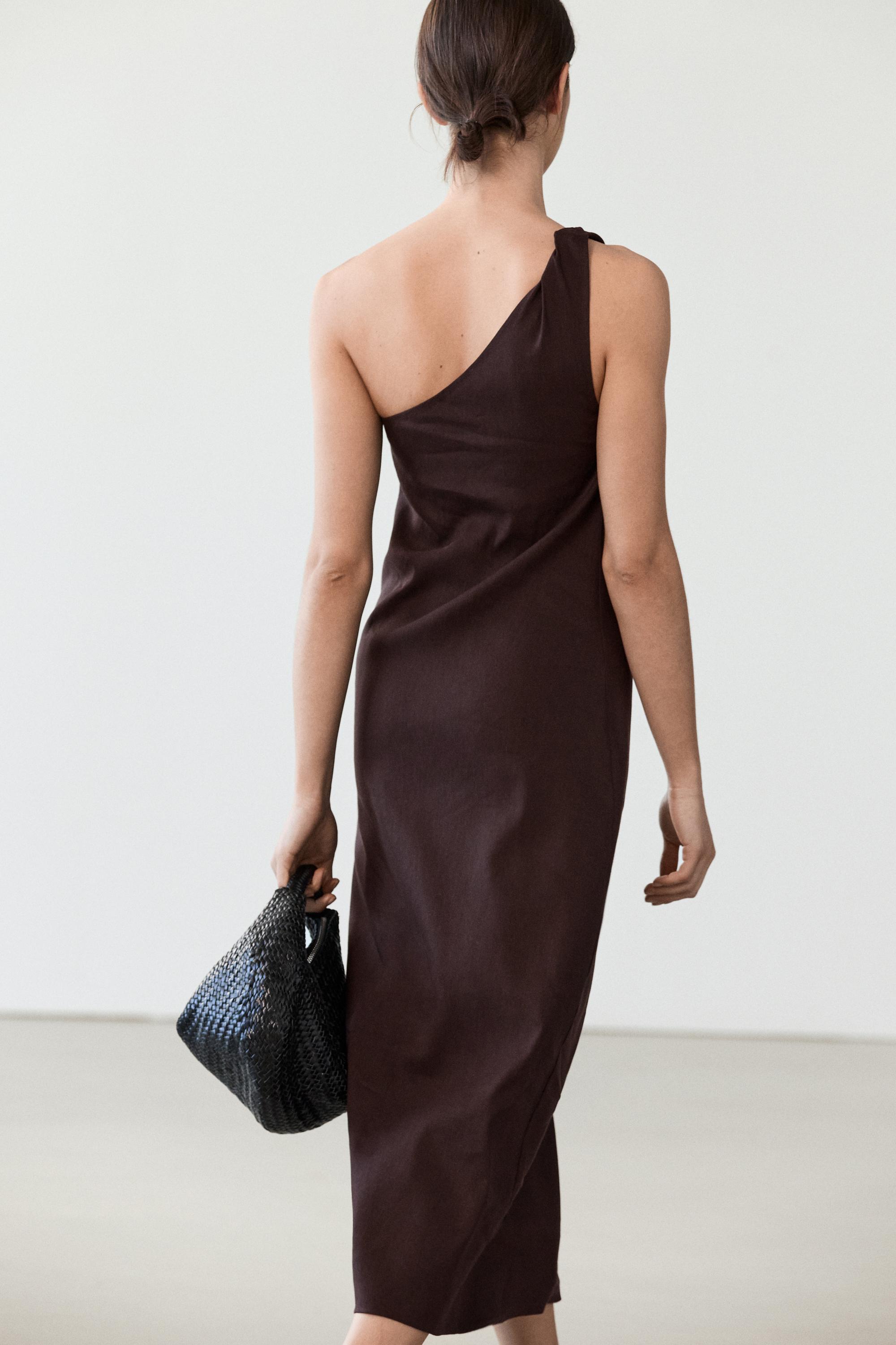 Asymmetric linen blend dress — BROWN