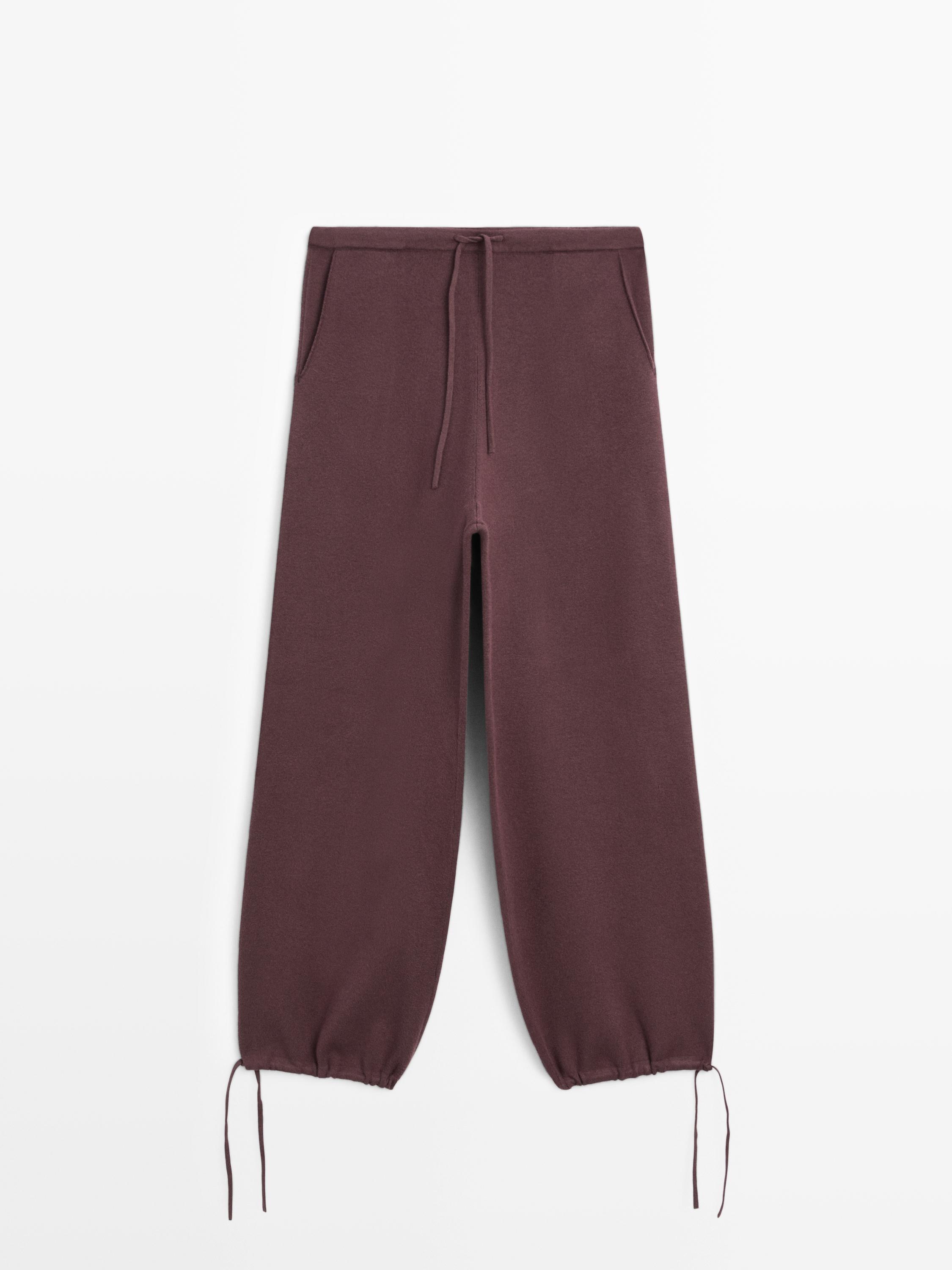 بنطلون محبوك بساق عريضة وتفصيل برباط