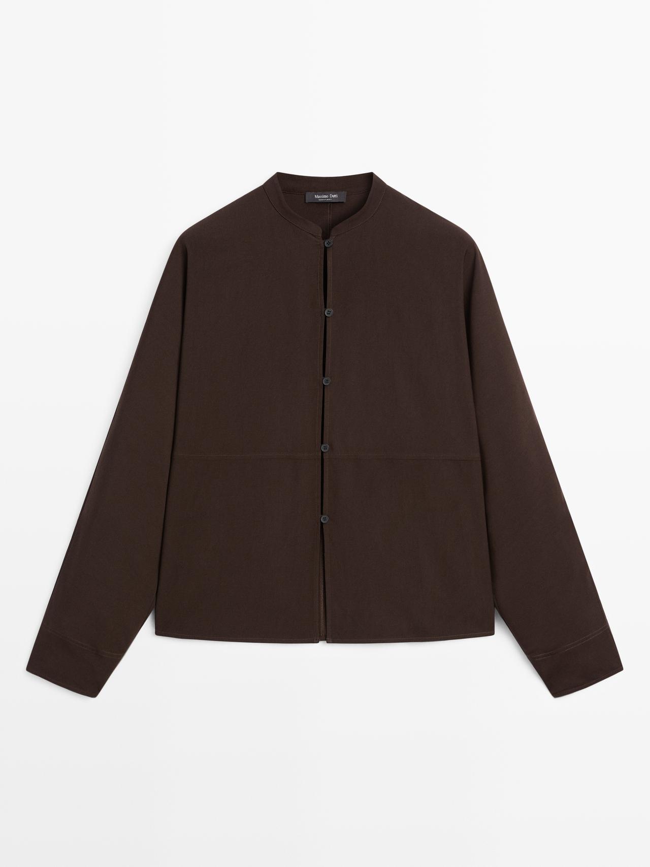 Massimo Dutti - Dame - Skjorte Med Kinakrave Og Syning Foran - Brun - L
