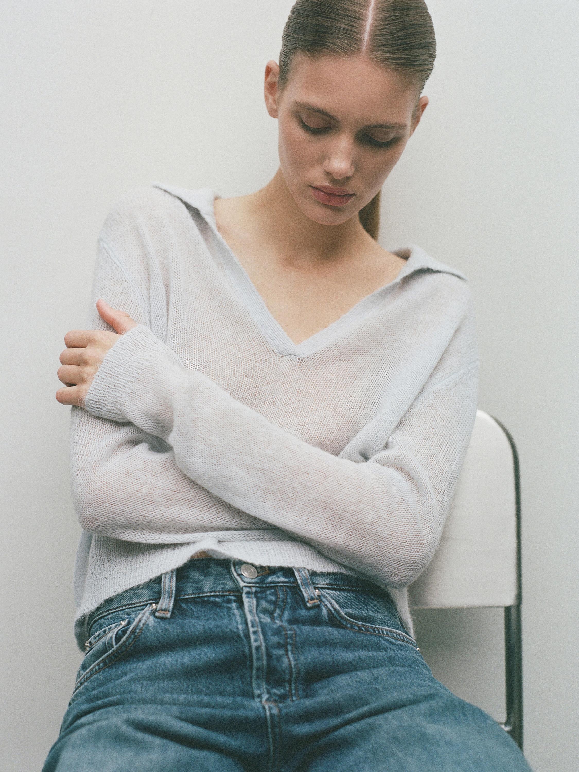 Alpaca blend knit polo collar sweater