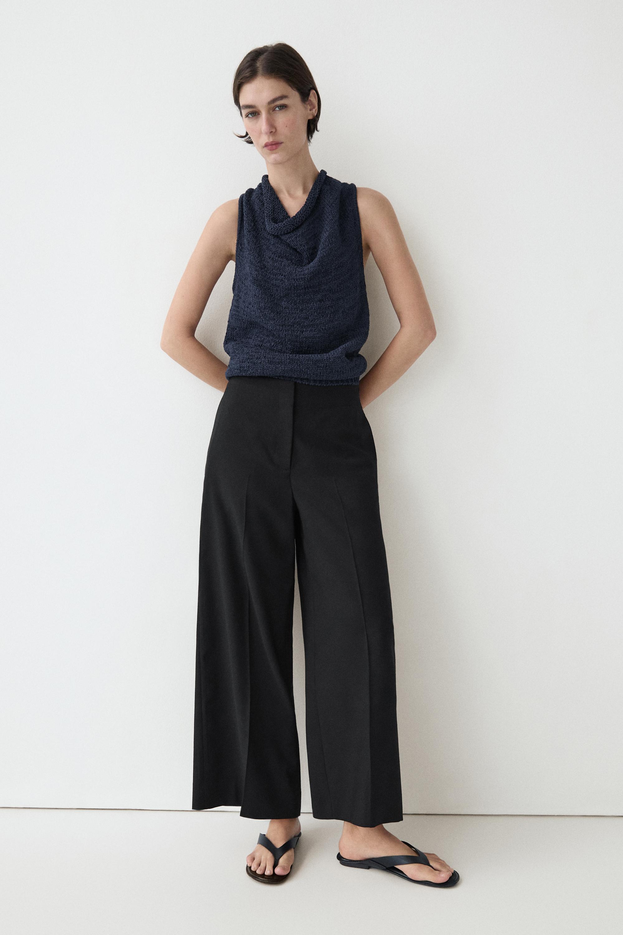 Wide-leg cropped stretch wool trousers — BLACK