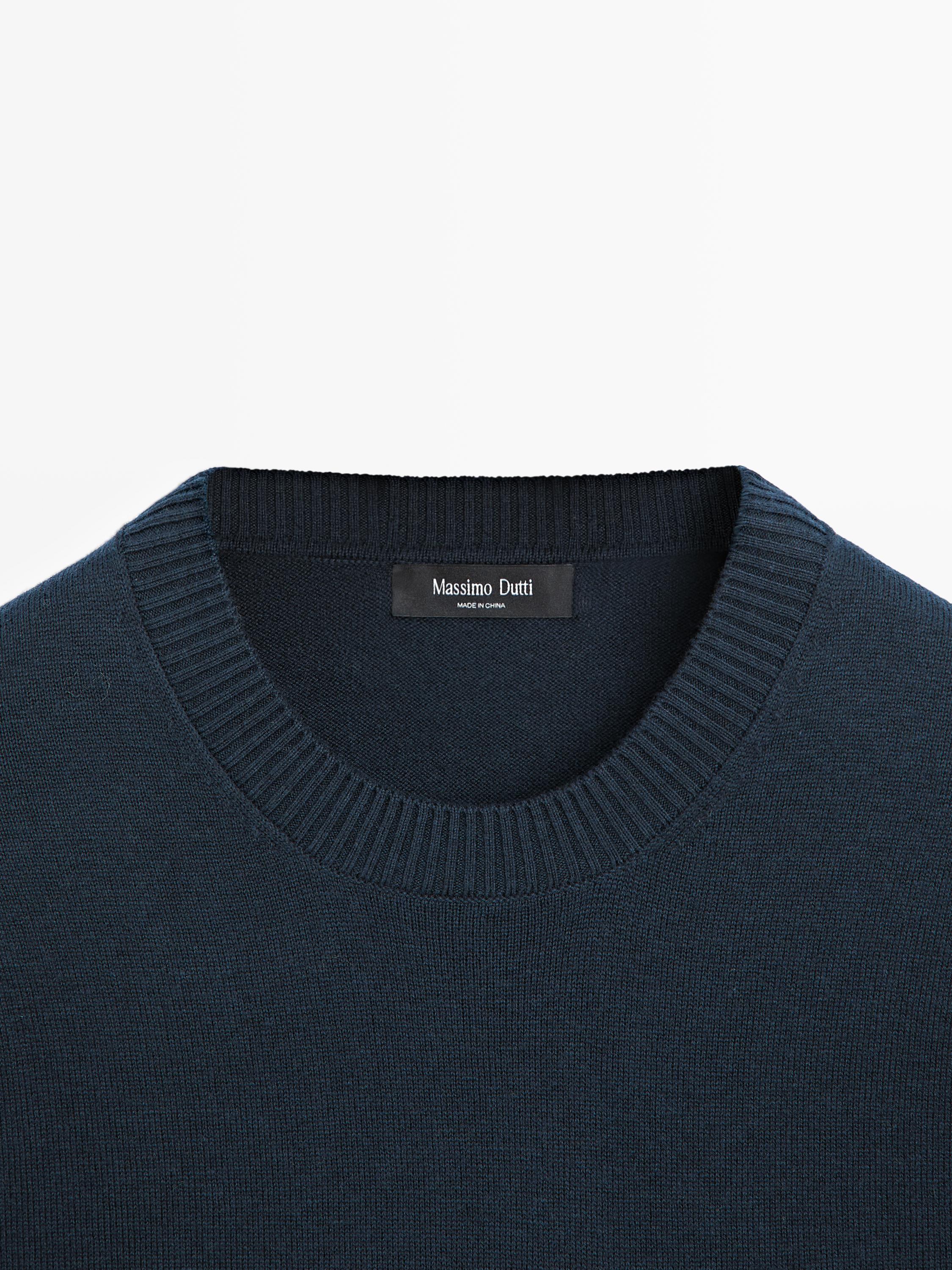 Knit cotton and wool sweater with crew neck — NAVY BLUE
