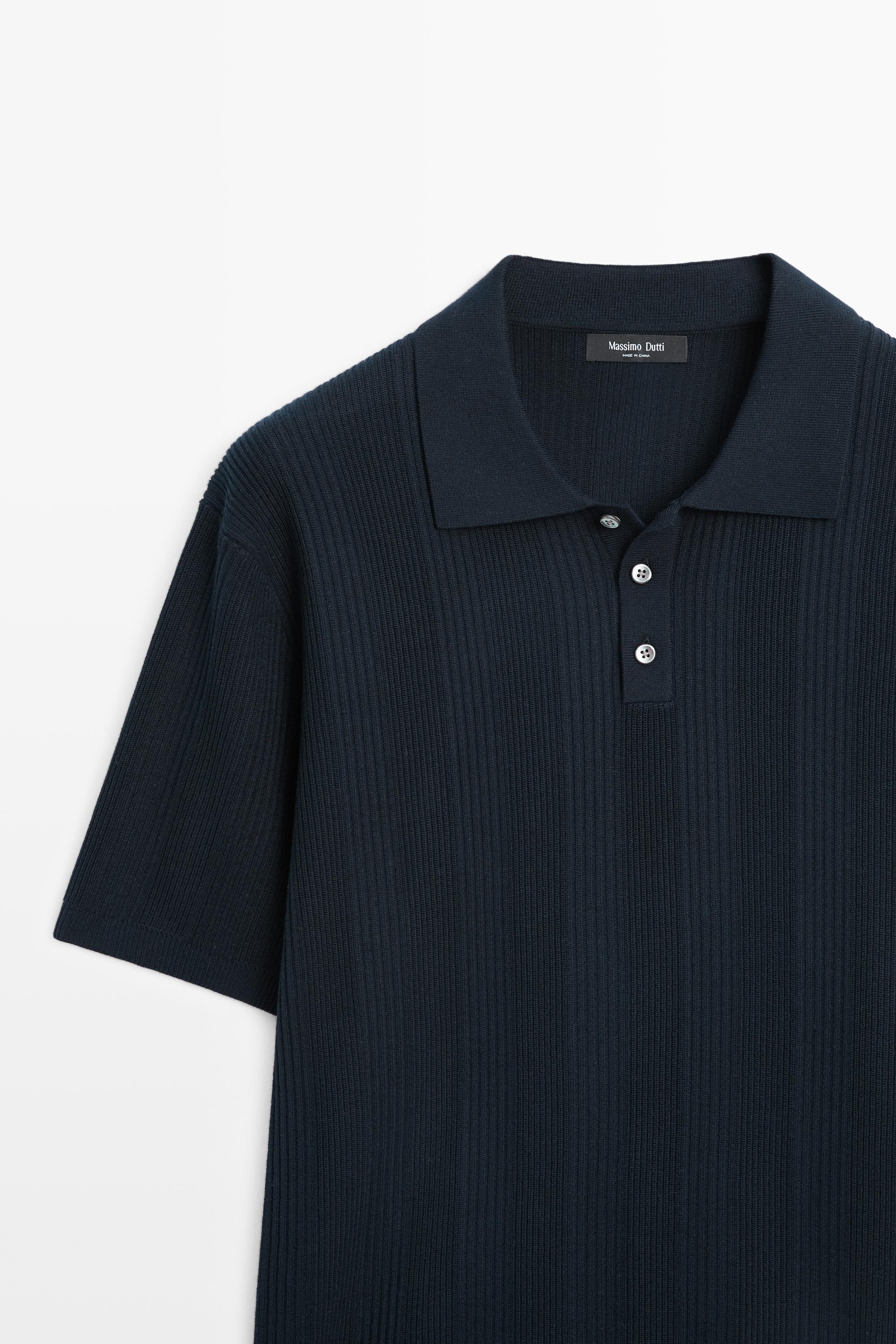 100% cotton textured striped knit polo shirt — NAVY BLUE