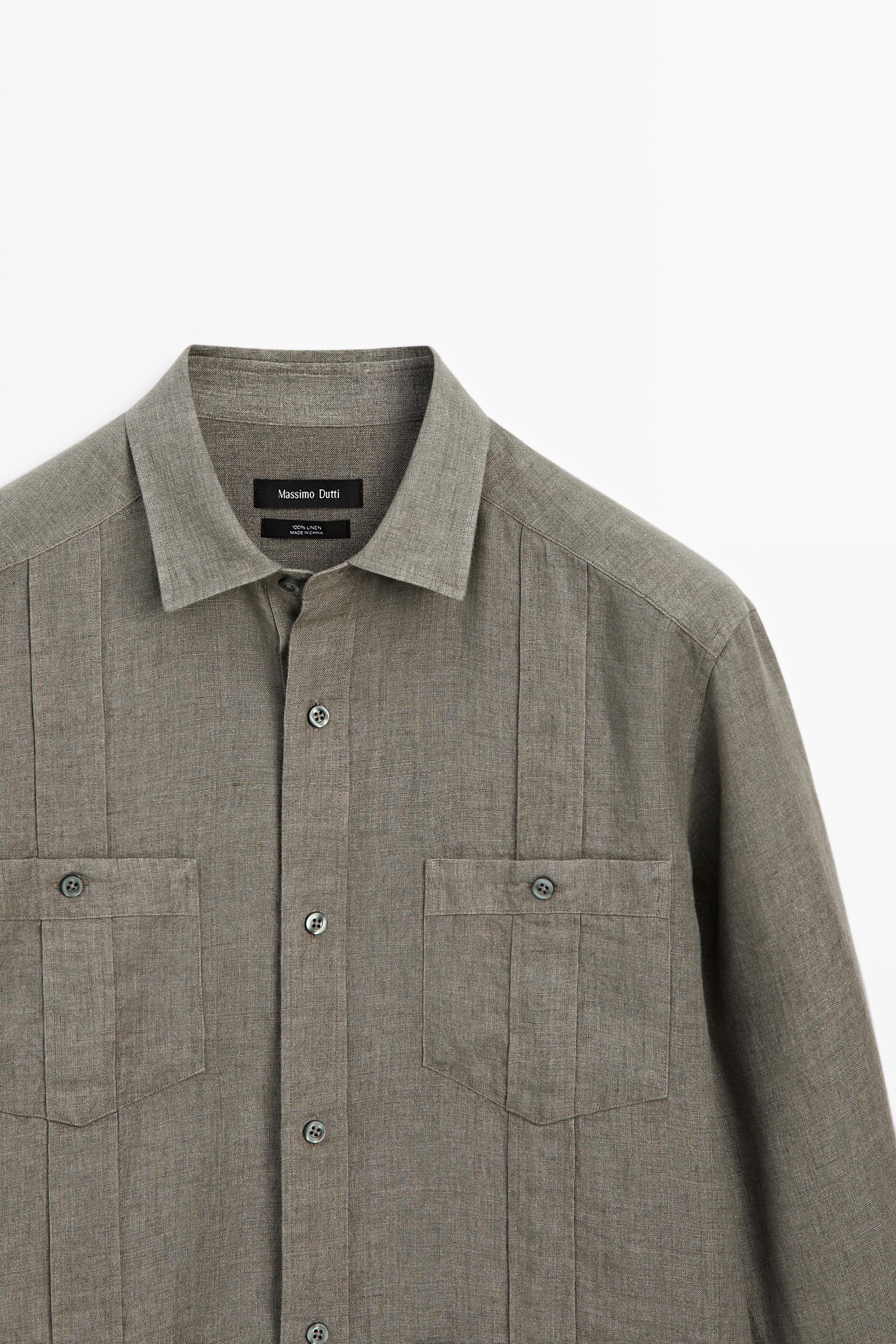 Regular fit 100% linen shirt with pockets — GREEN