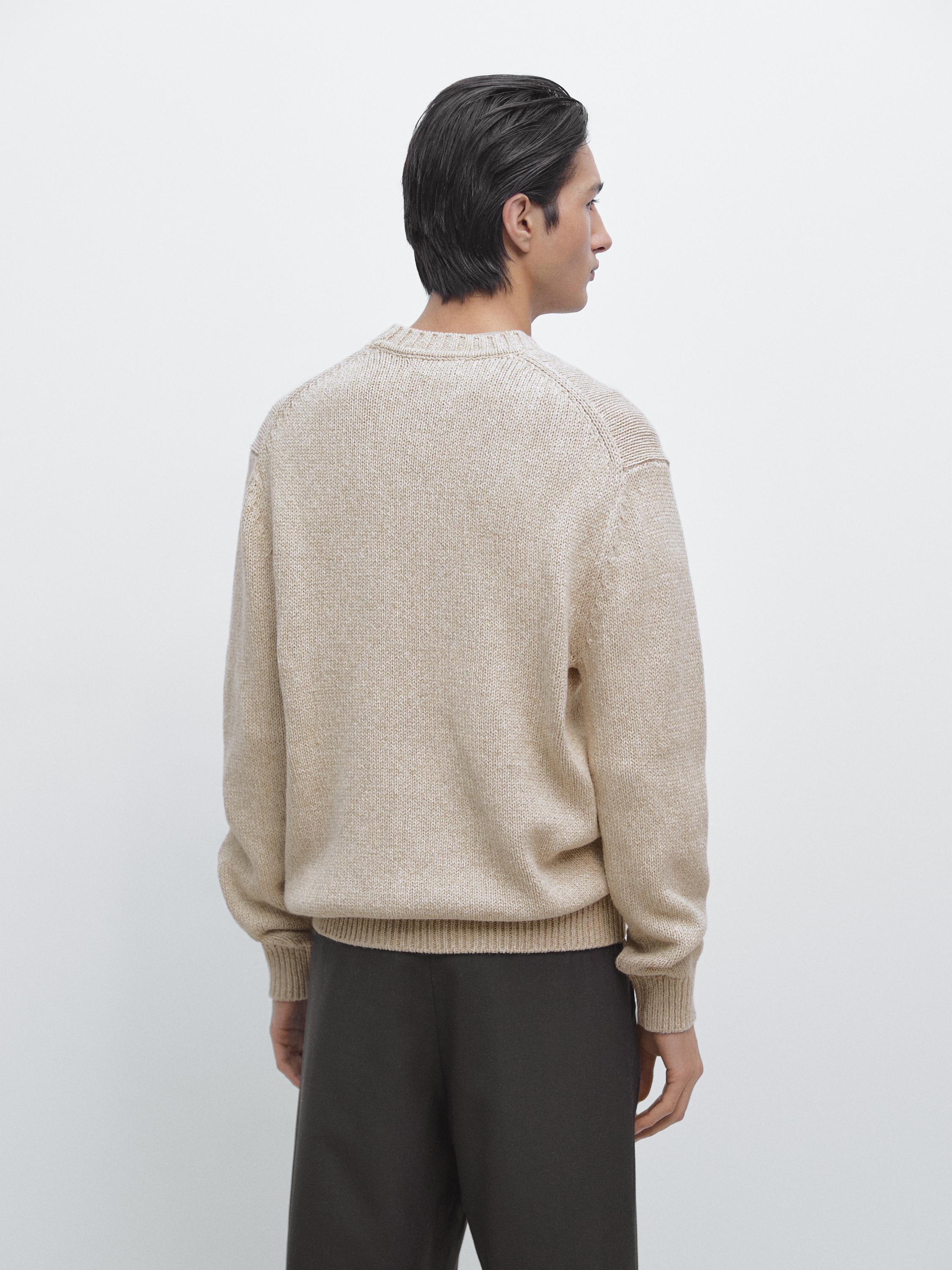Cotton blend knit crew neck sweater — BEIGE