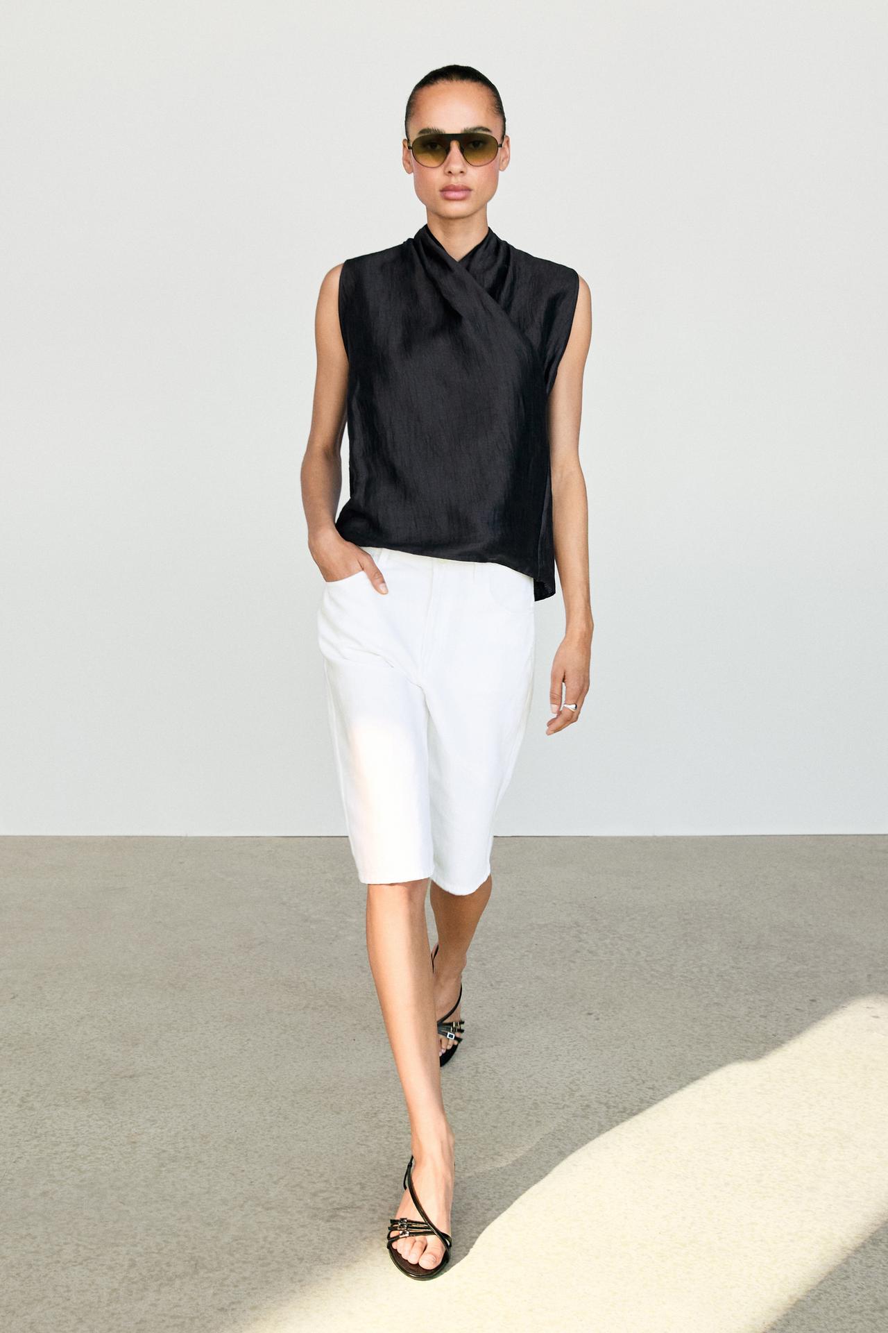 Linen blend sleeveless crossover top — NAVY BLUE