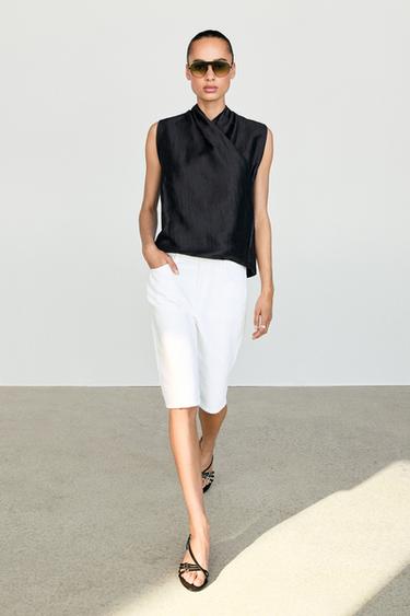 Linen blend sleeveless crossover top — NAVY BLUE 1