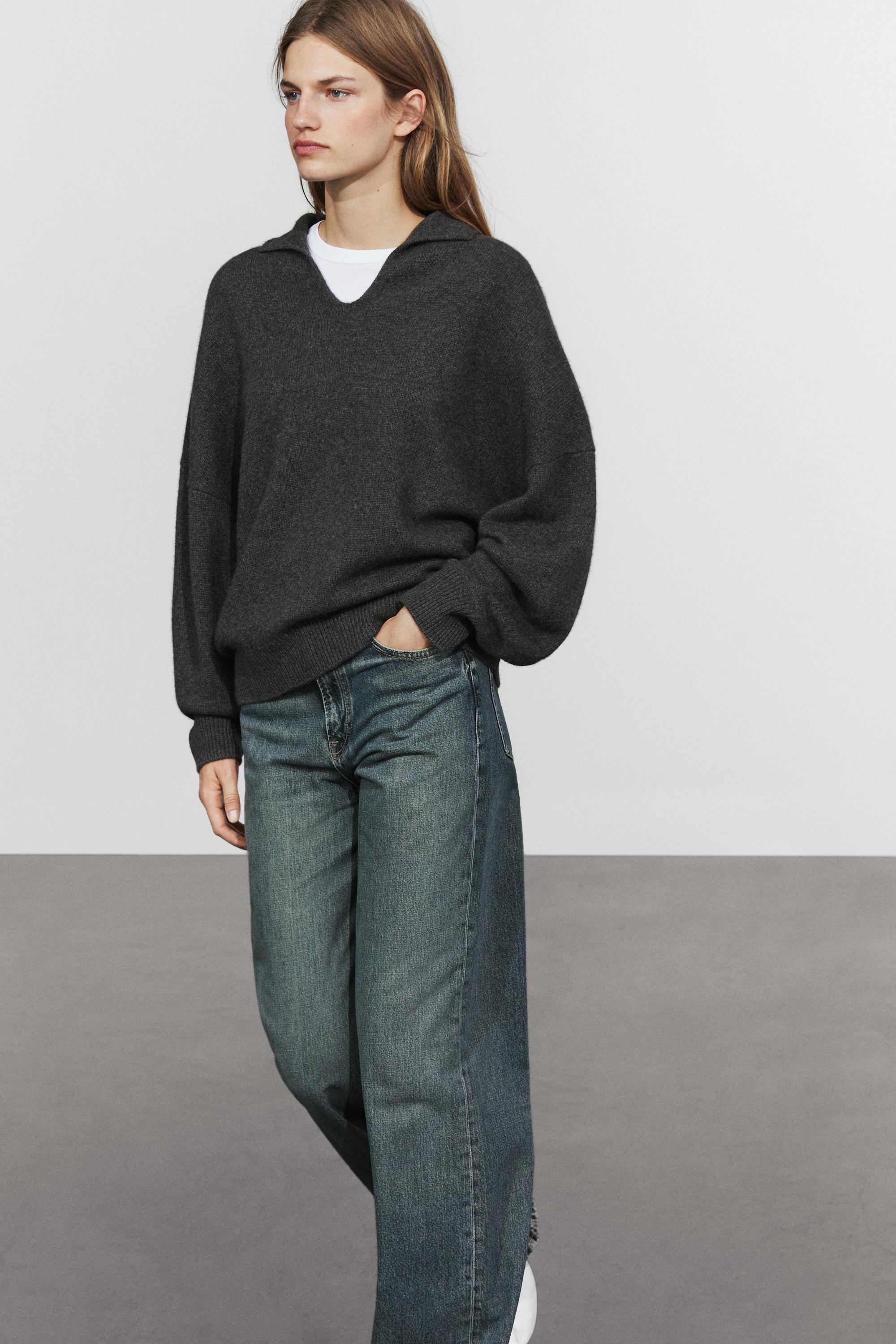 100% cashmere knit polo sweater — DARK GREY