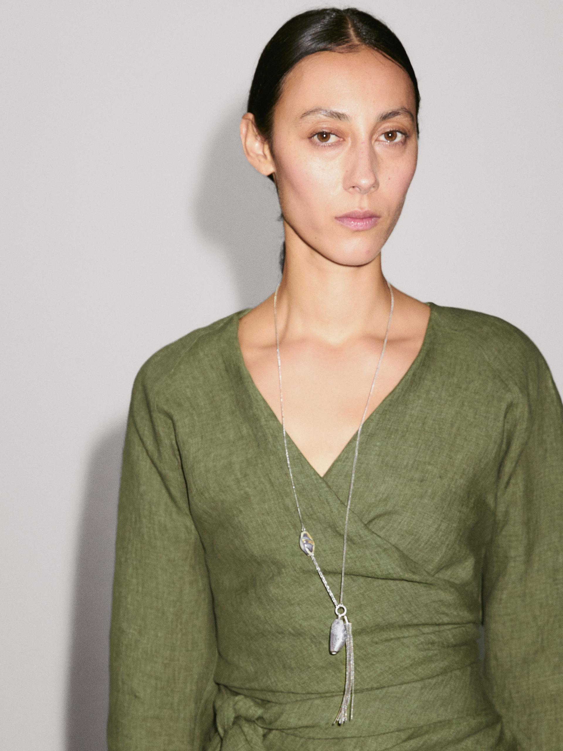 Massimo Dutti Flowing Linen Blouse With Tie Detail At The Waist In Gray