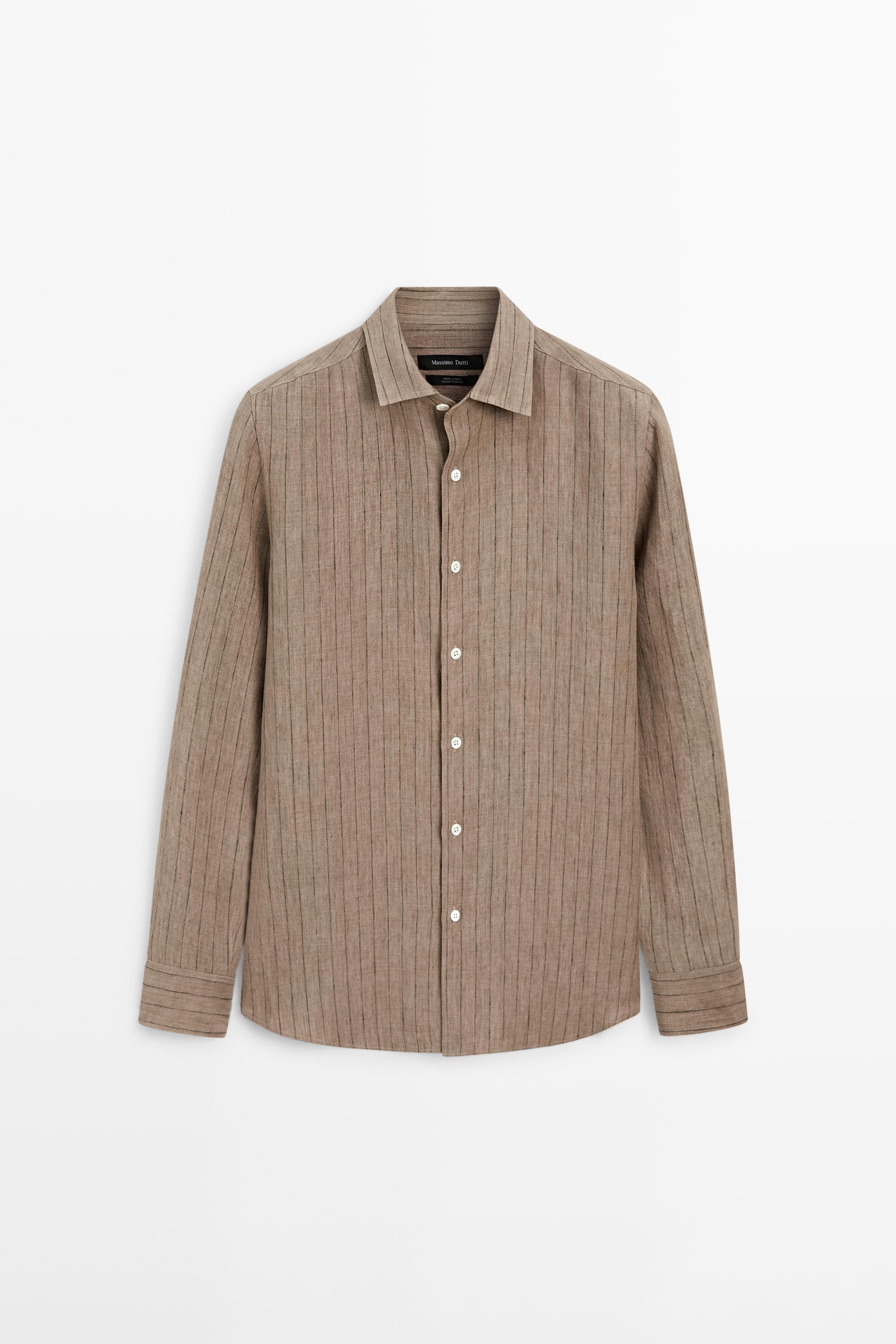 Regular fit 100% linen striped shirt — BEIGE
