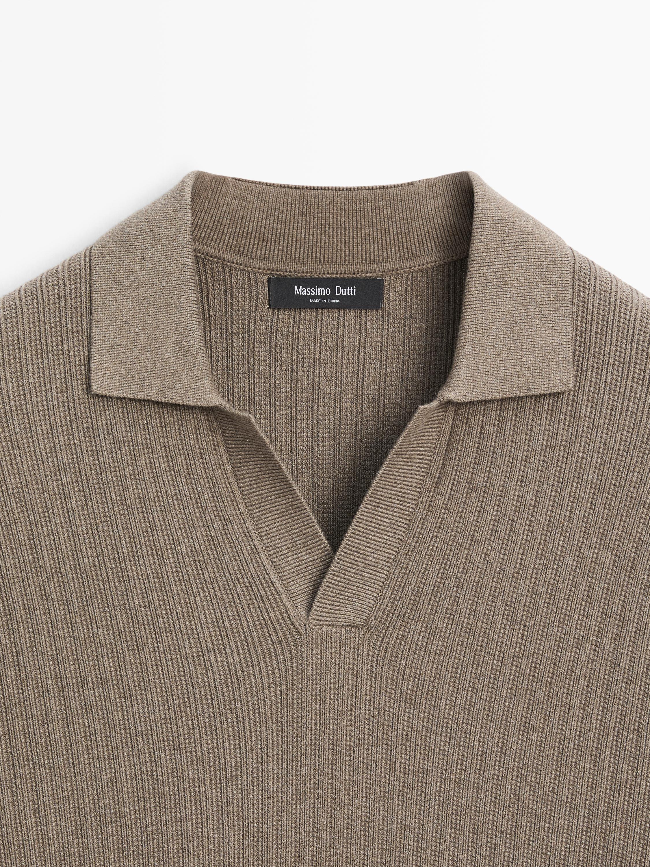 Cotton blend knit polo sweater — KHAKI