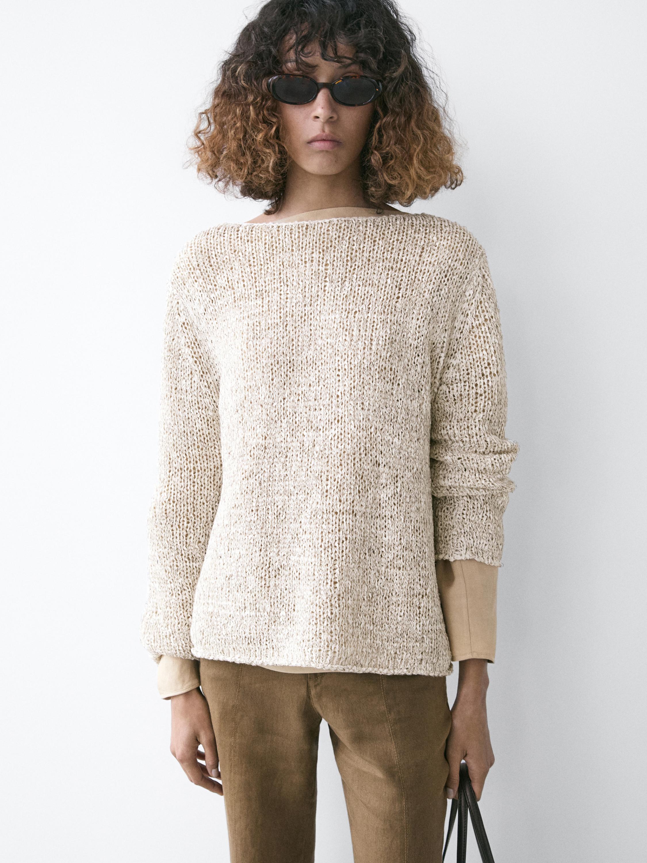 Boat neck knit sweater — BEIGE