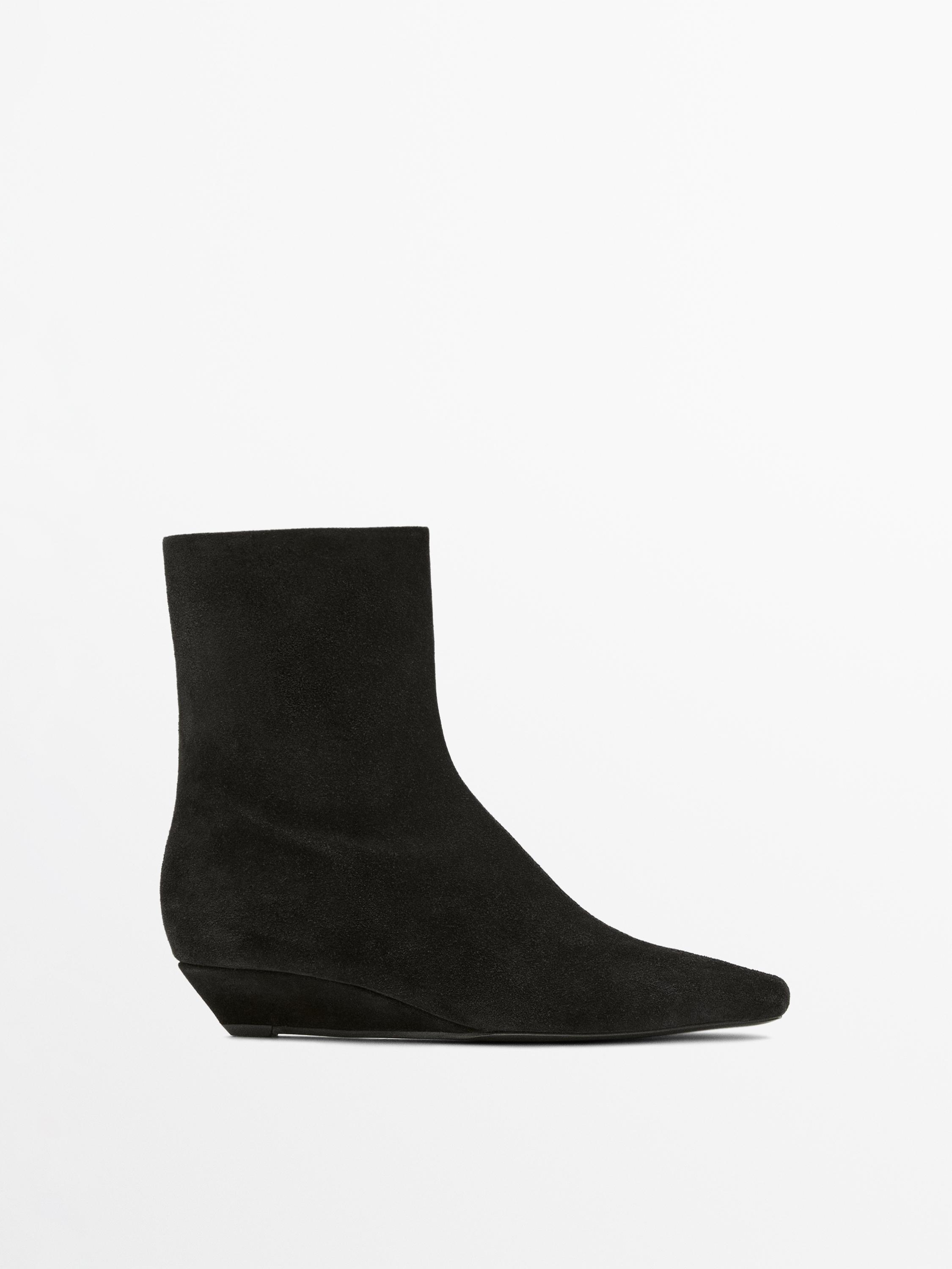 Split leather wedge ankle boots — BLACK