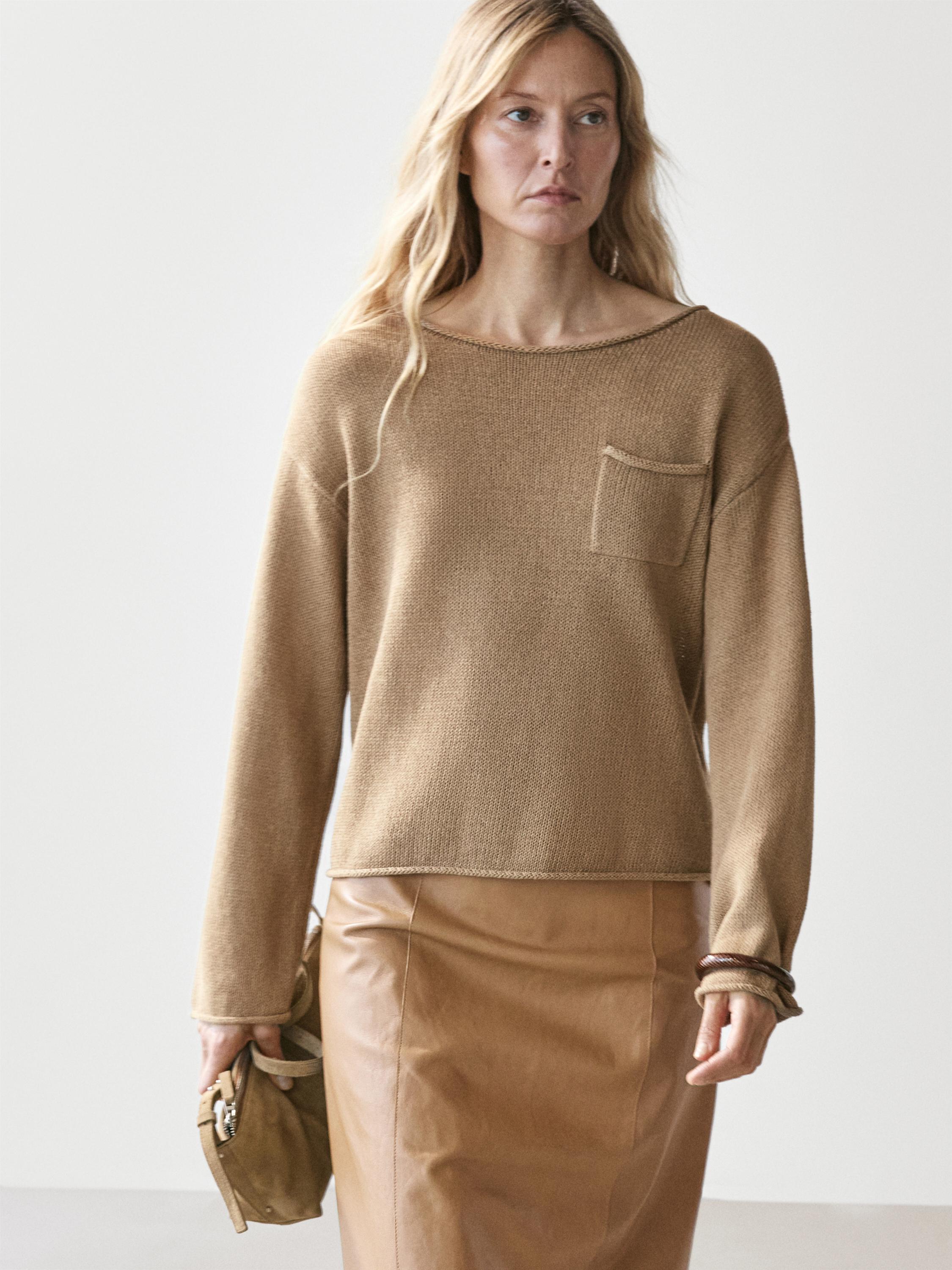 Cotton and linen knit sweater with pocket detail — Washed