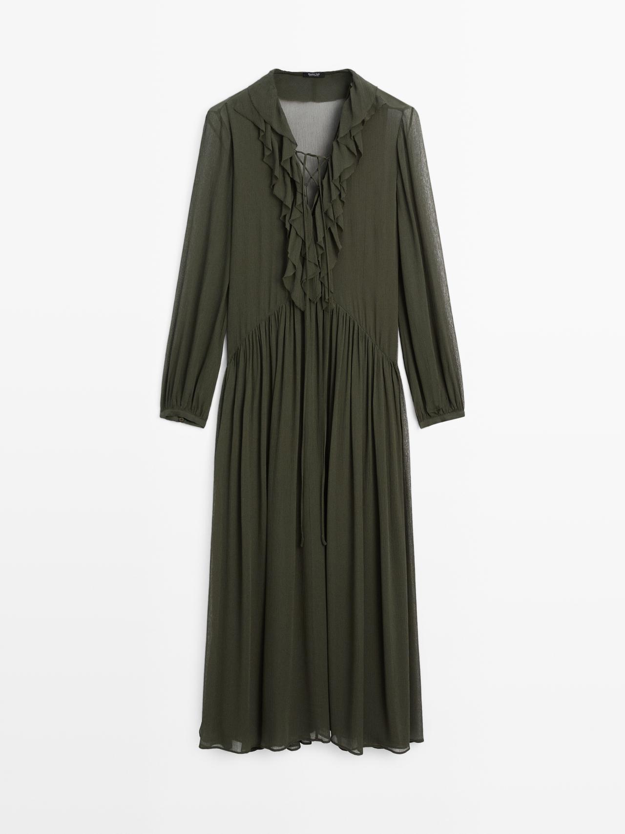 Massimo Dutti - Dames - Lange Soepelvallende Jurk Met Volant - Groen - M