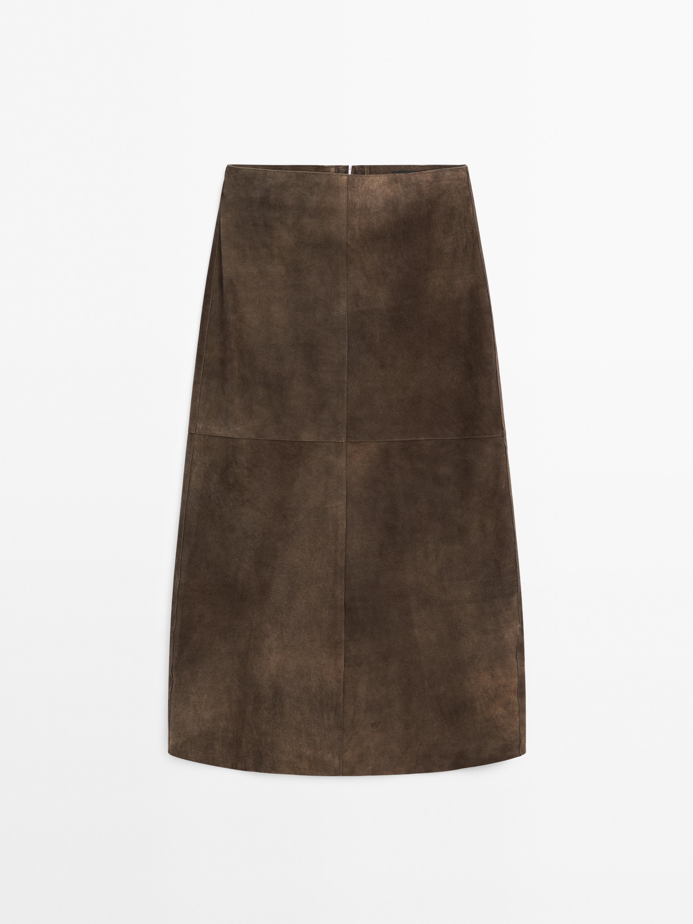 Straight fit suede leather skirt