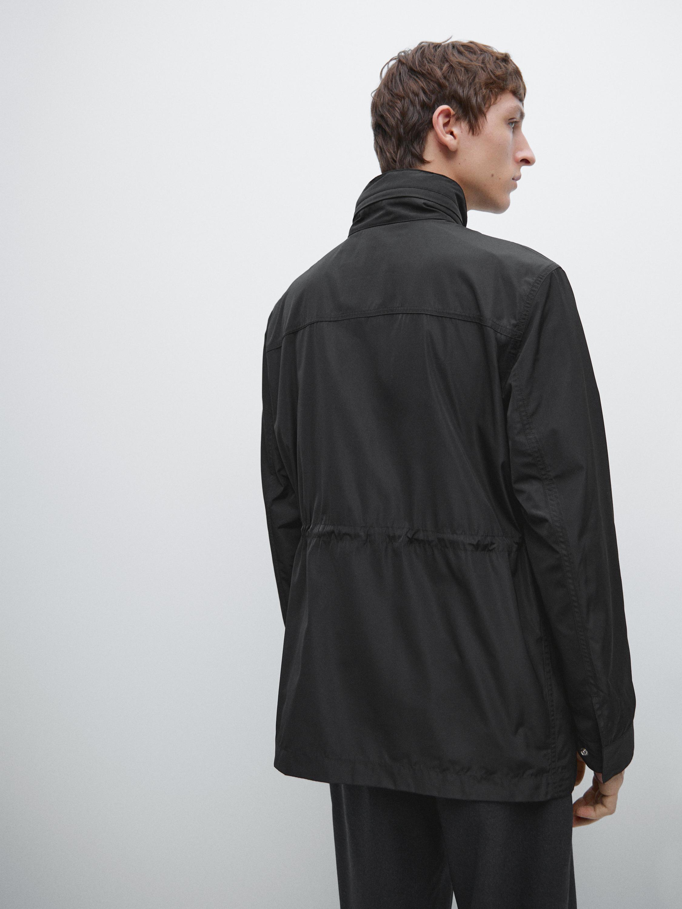 Hooded parka with fabric detail — BLACK