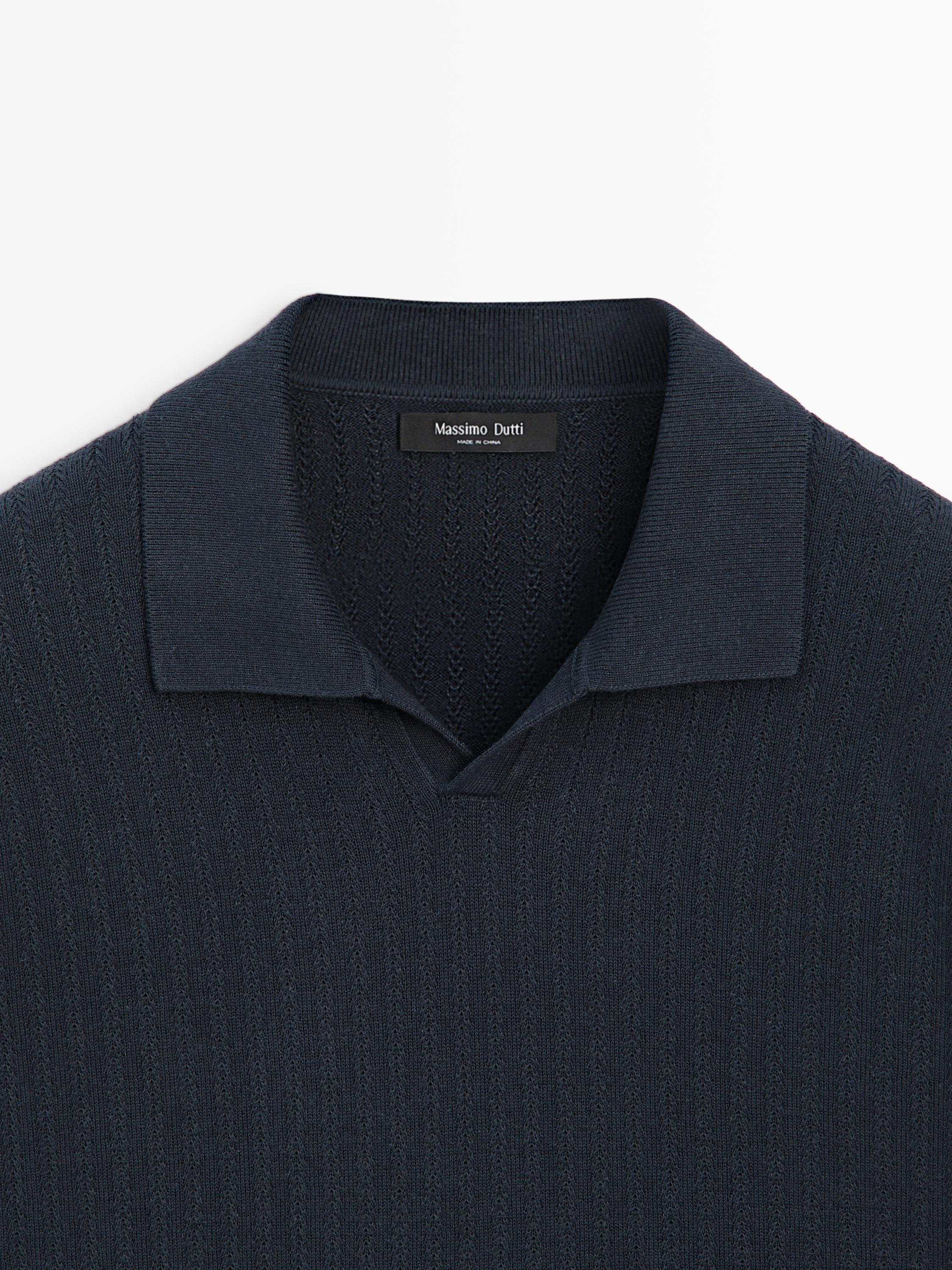 Knit polo sweater with cutwork detail — NAVY BLUE