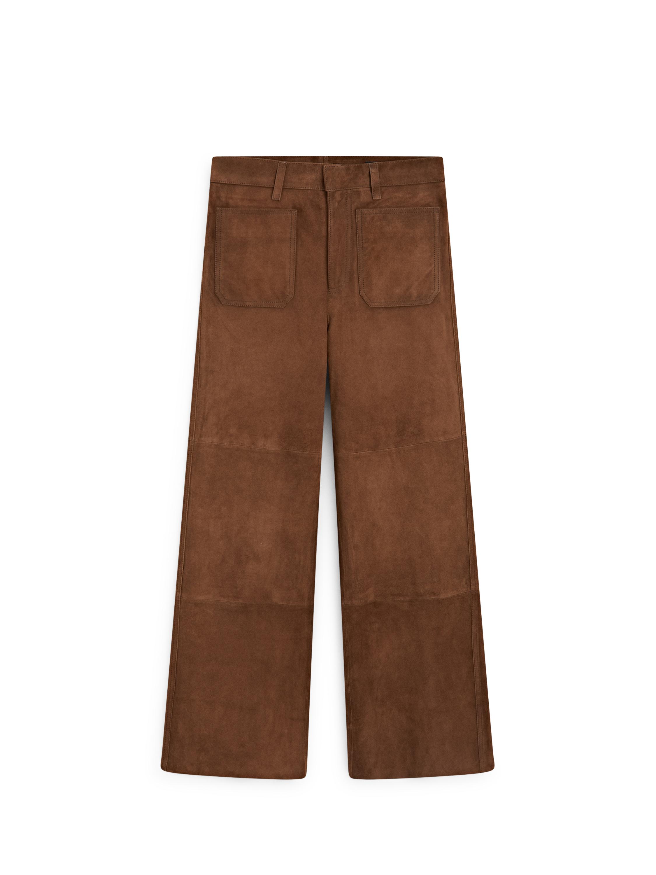 Suede leather wide-leg trousers with pockets — BROWN