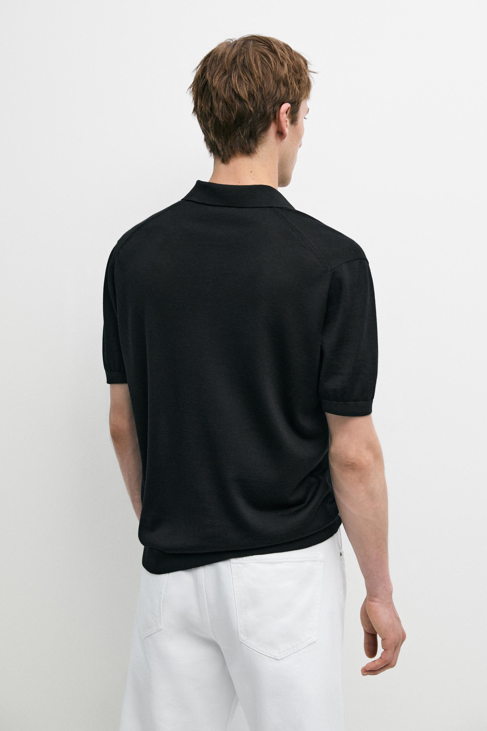 Wool blend knit polo shirt — BLACK