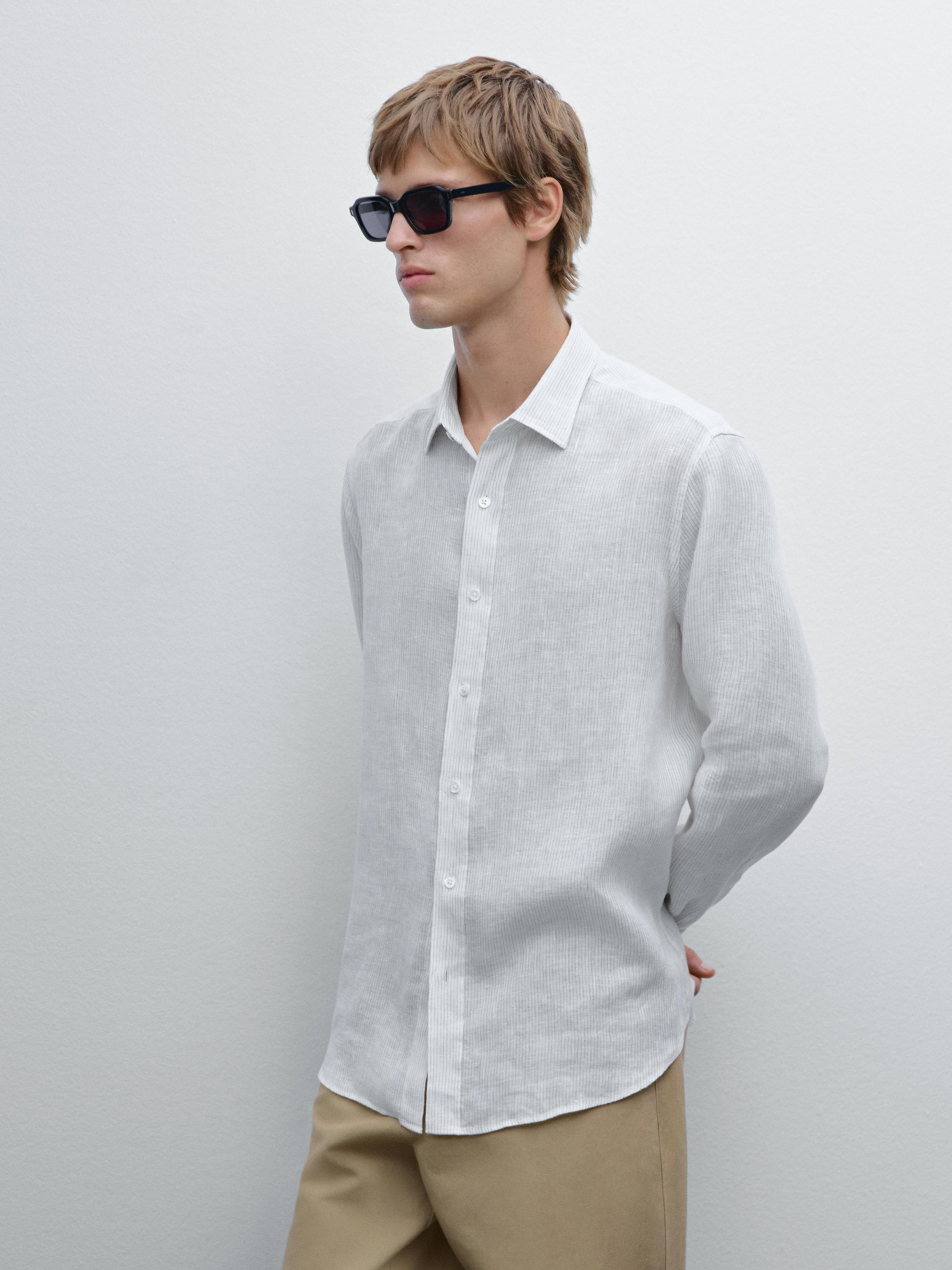 100% linen regular fit striped shirt