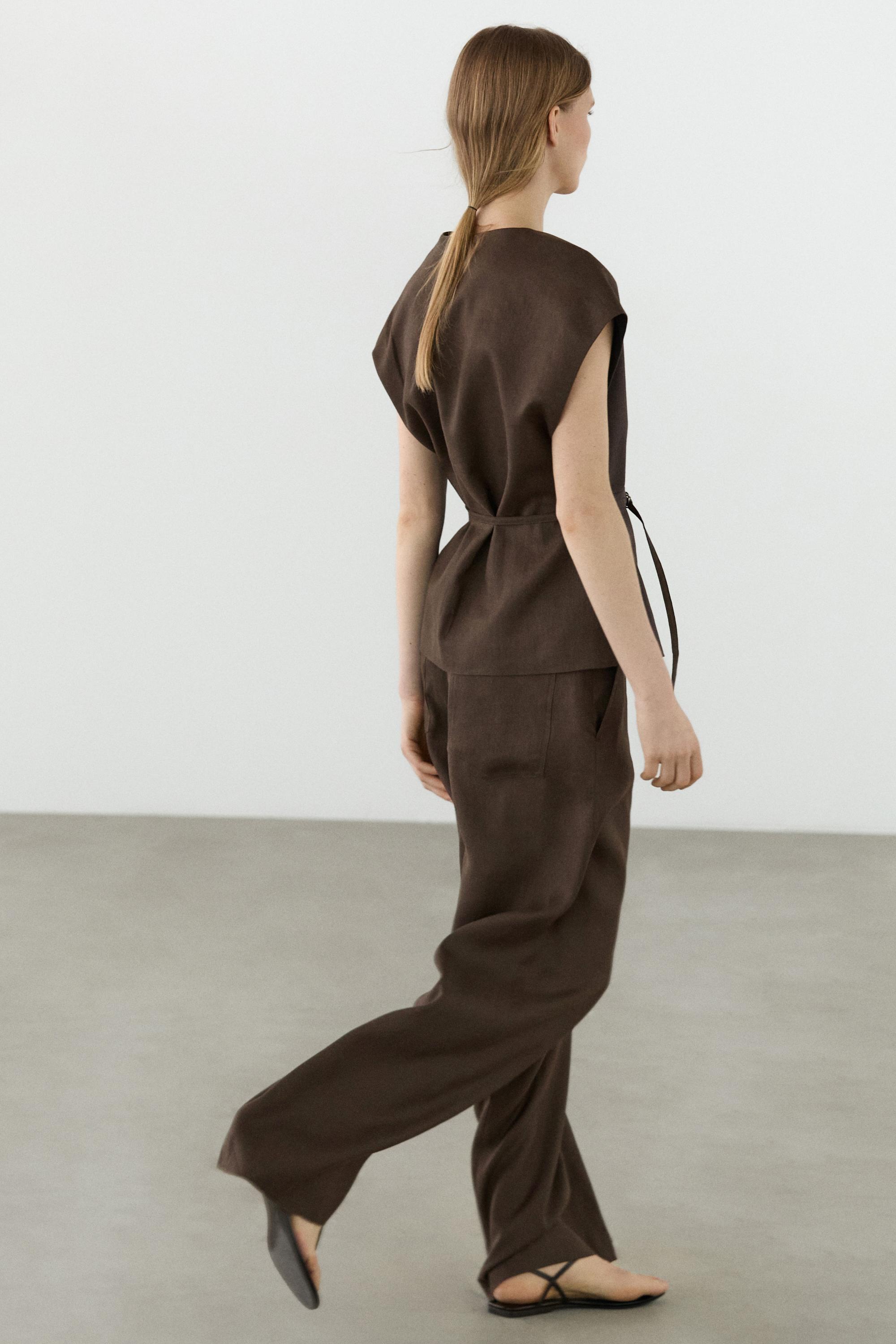 Linen blend waistcoat with wrap neckline — BROWN