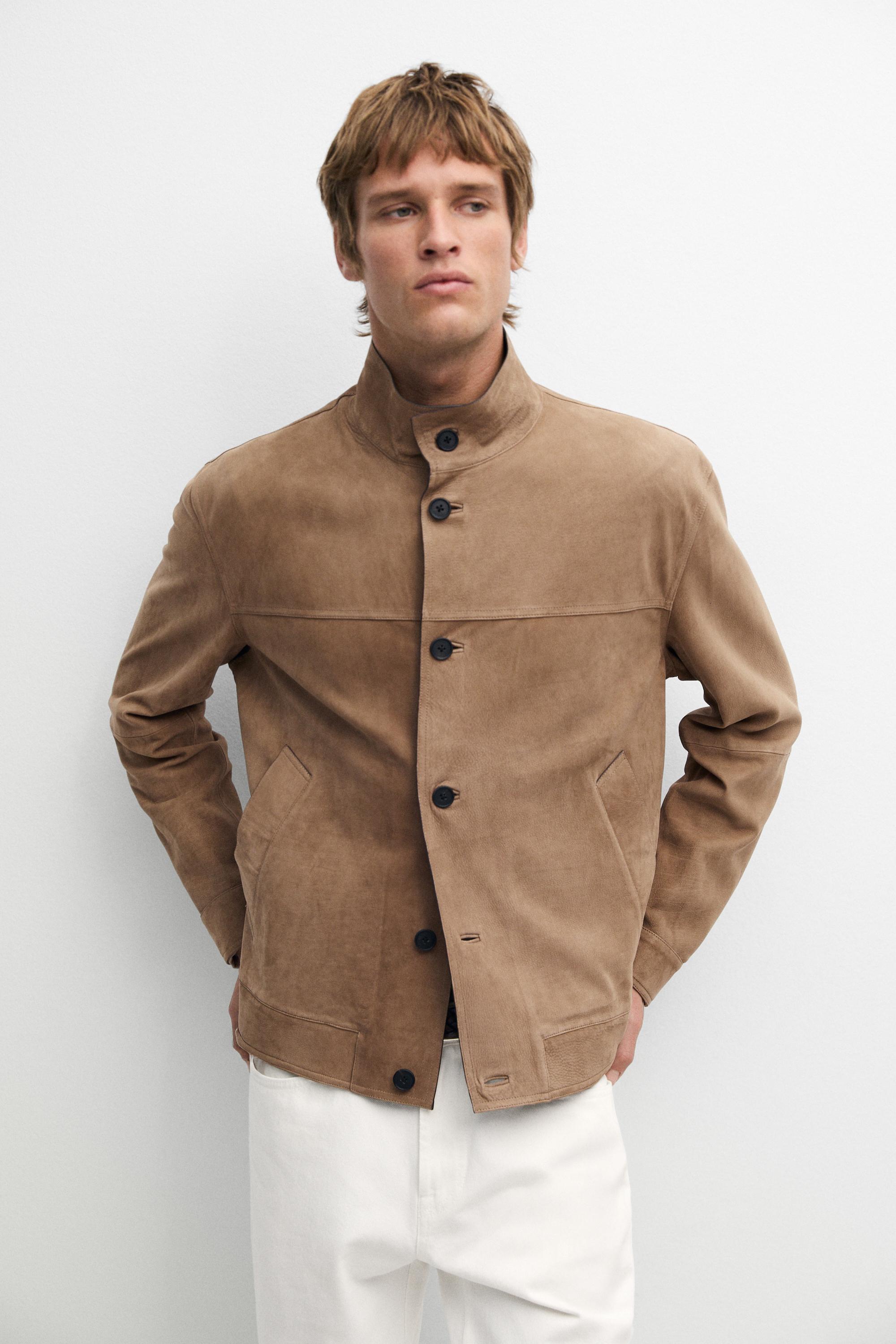 Nubuck leather stand-up collar jacket