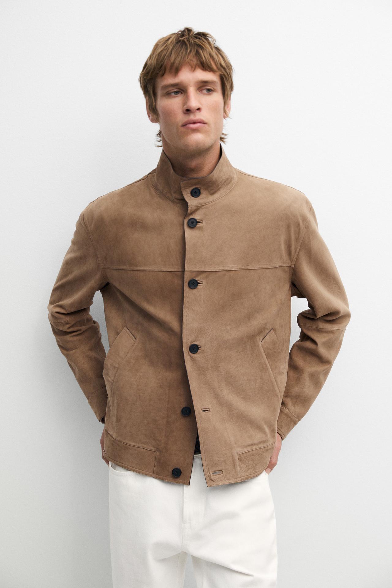 Nubuck leather jacket with stand-up collar — BEIGE