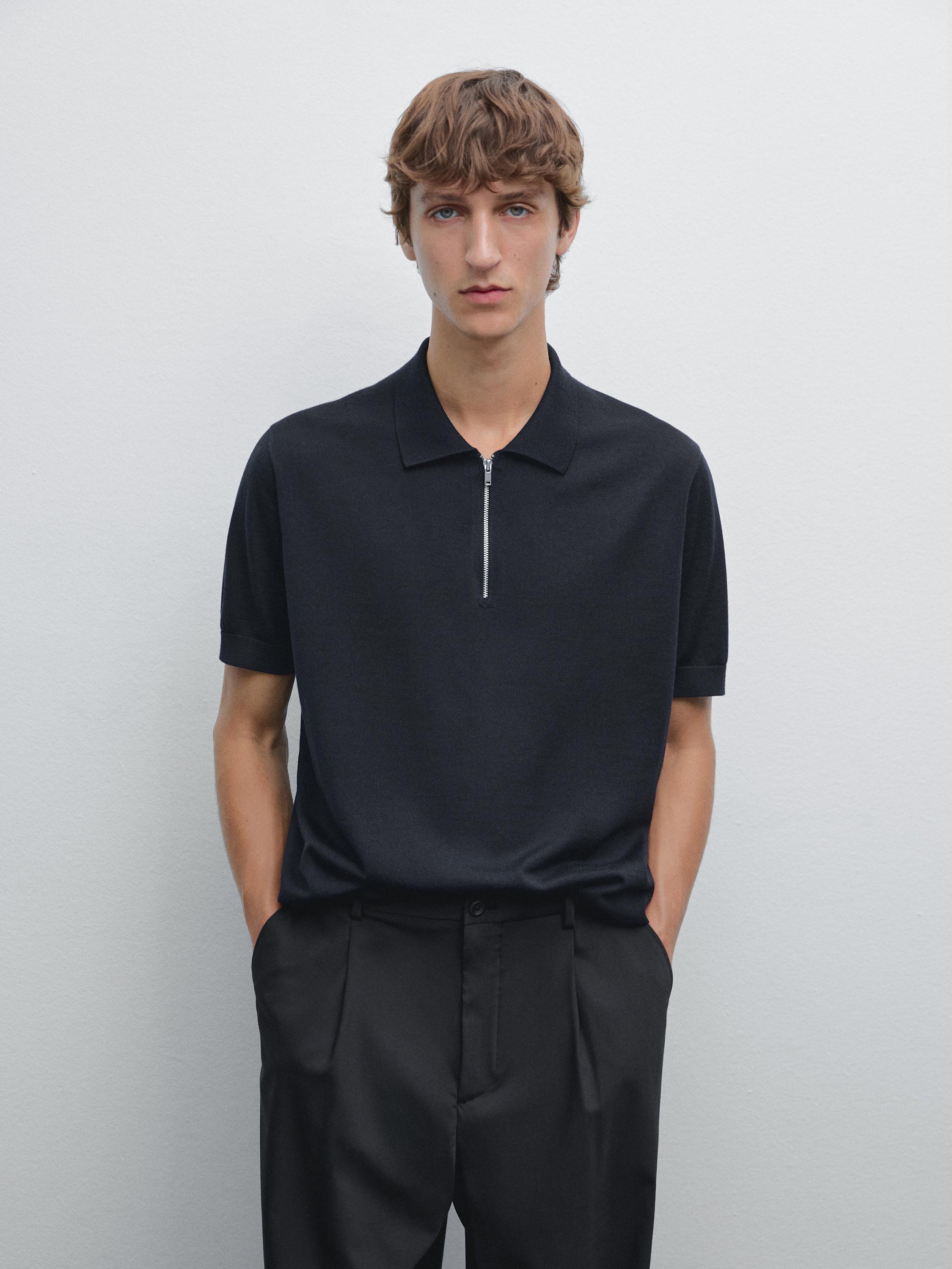 Knit polo shirt with zip collar