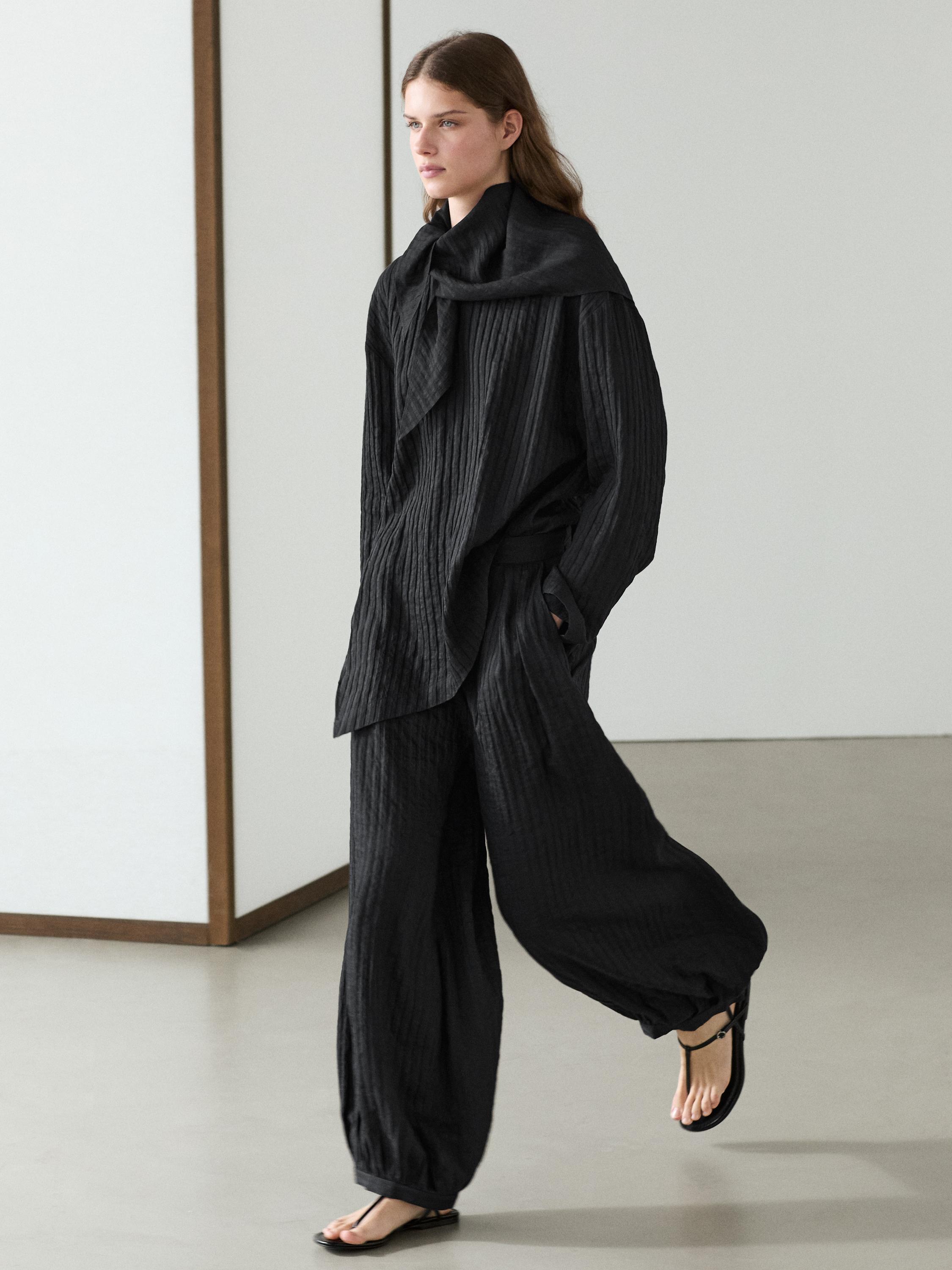 Striped flowing shirt with scarf detail — BLACK