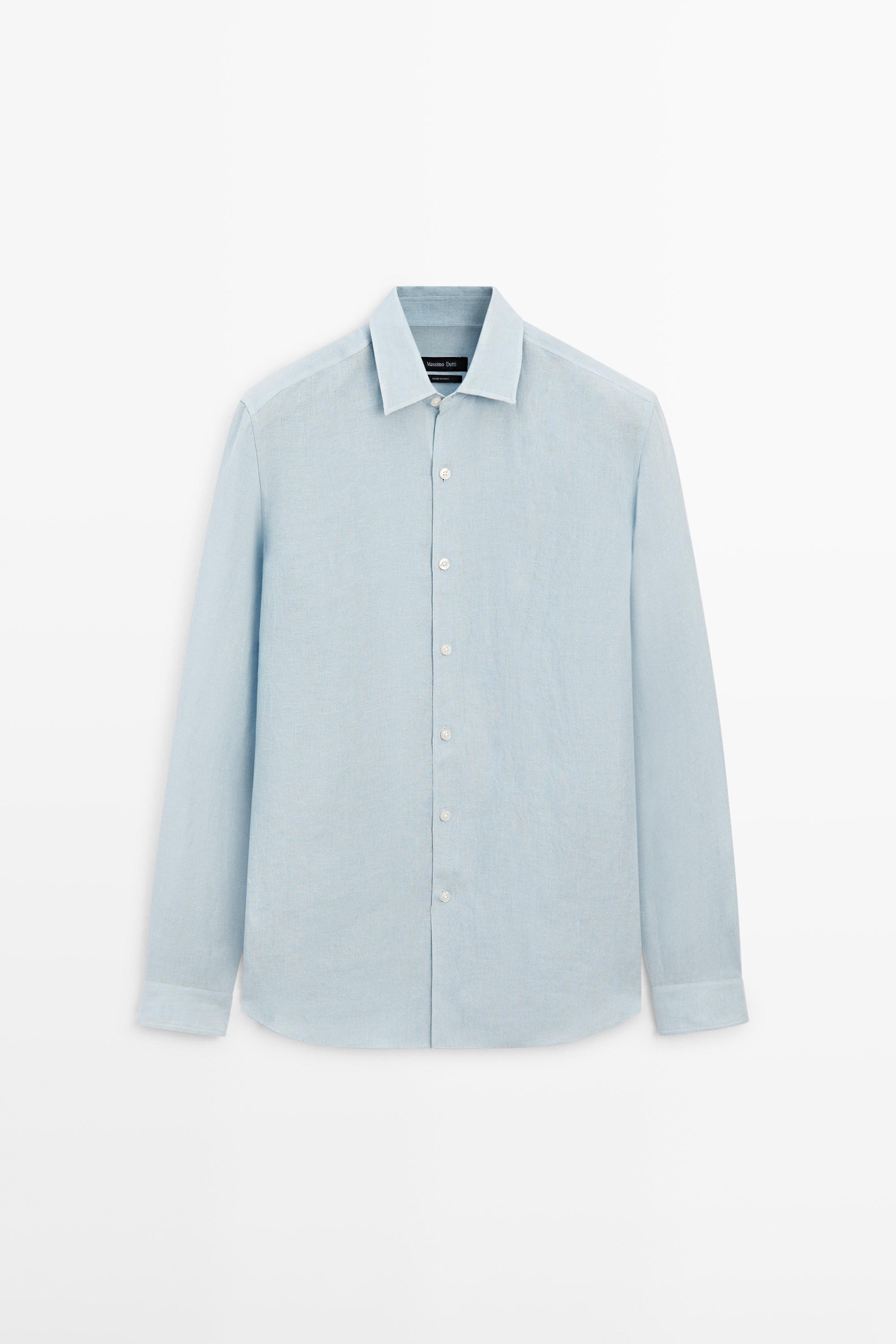 Textured 100% linen regular fit shirt — BLUE