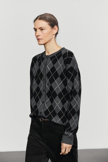 100% wool argyle knit cardigan — DARK GREY 8