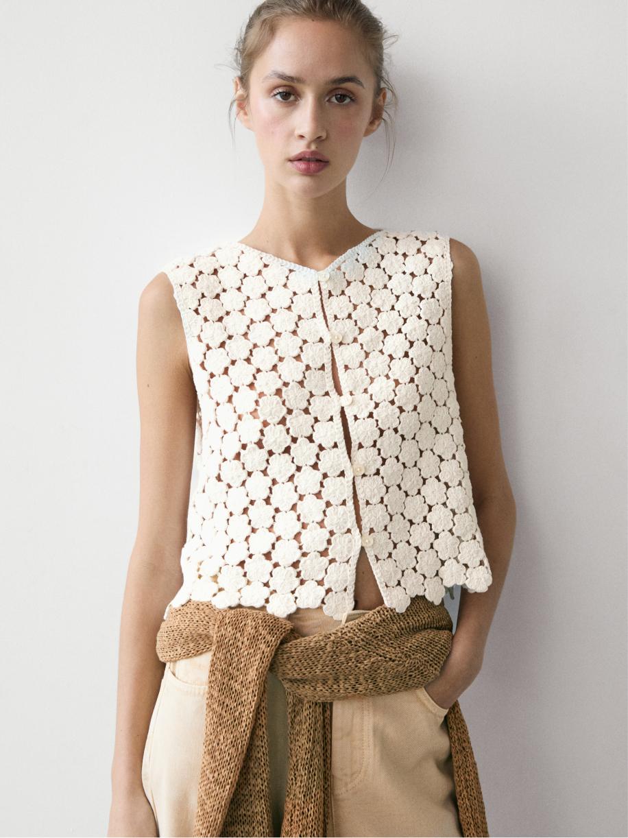 Cotton crochet vest with floral details — CREAM