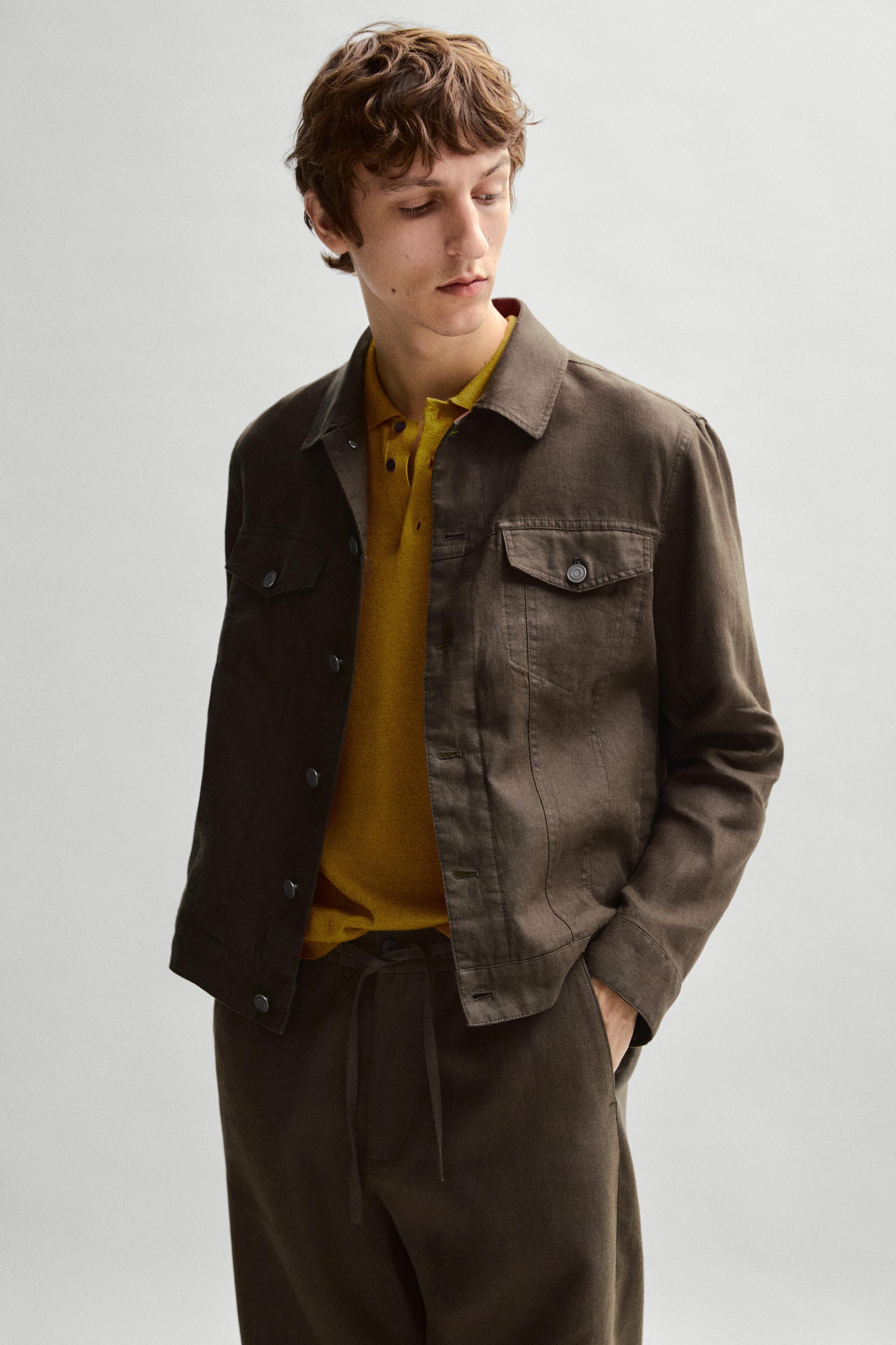 100% linen trucker jacket — DARK KHAKI