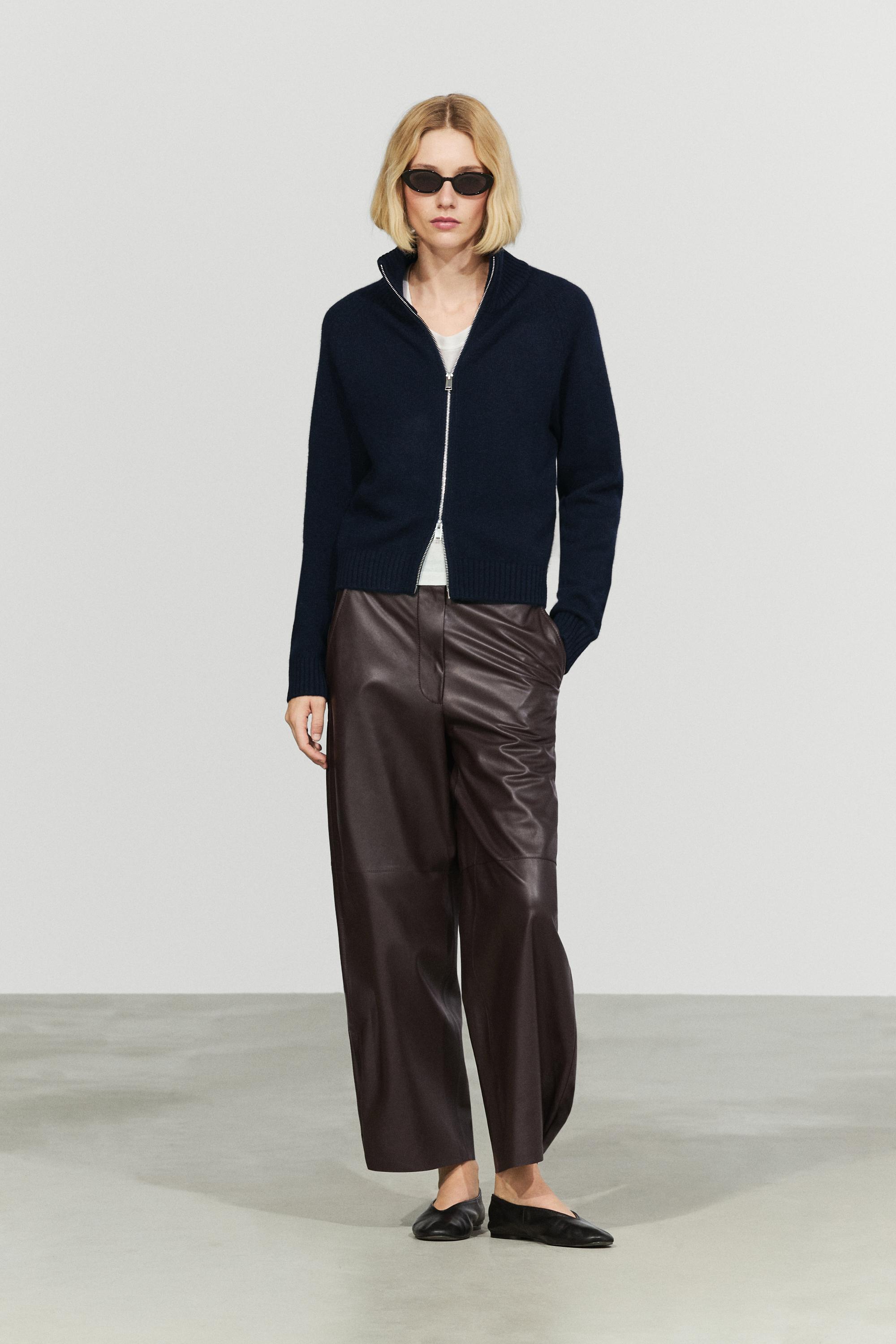 100% cashmere zip knit cardigan — NAVY BLUE