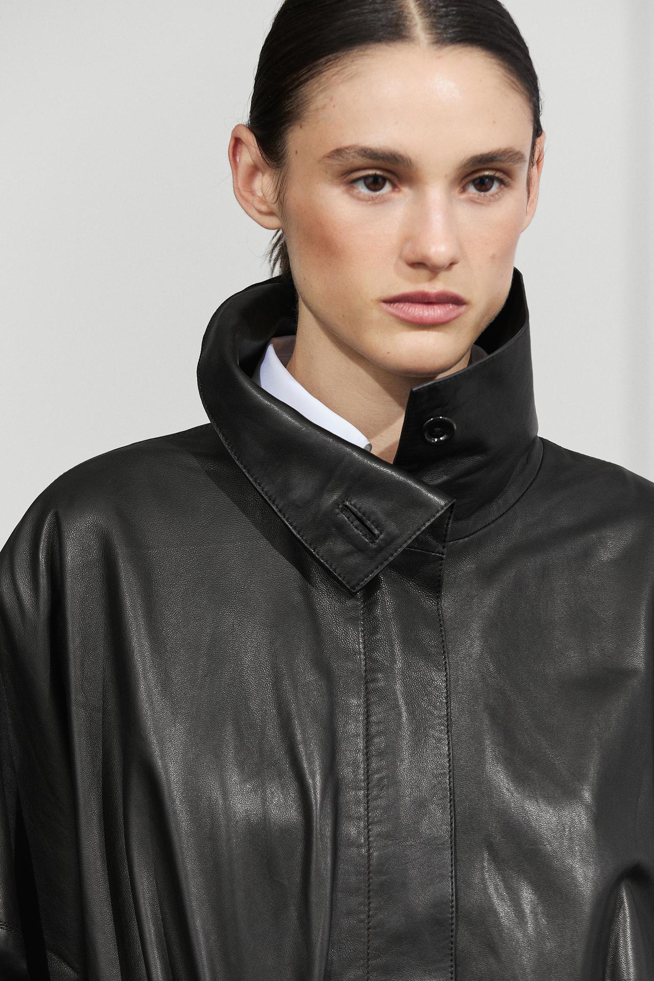 Nappa leather parka with gathered detail — BLACK