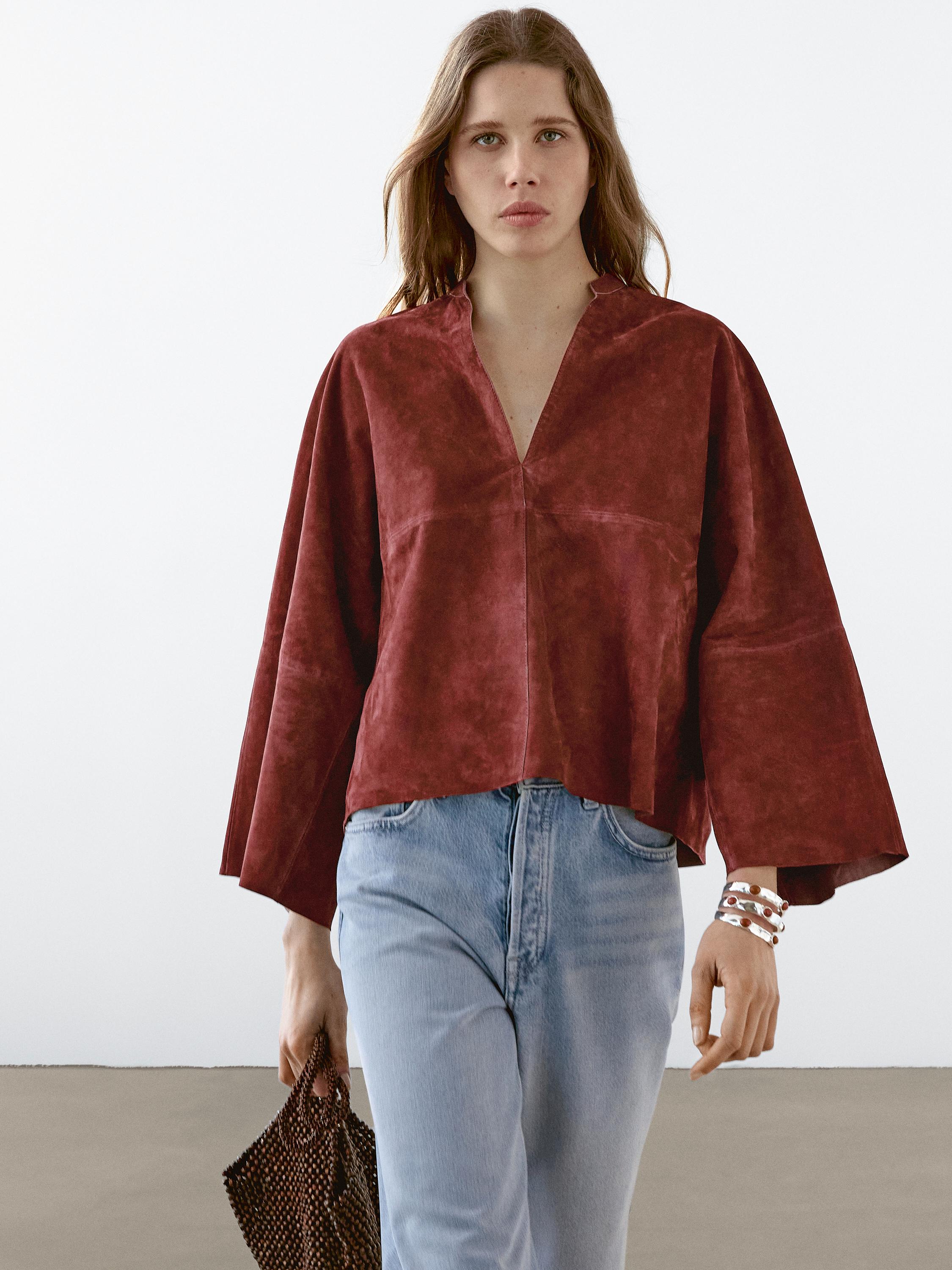 Loose-fitting suede leather shirt