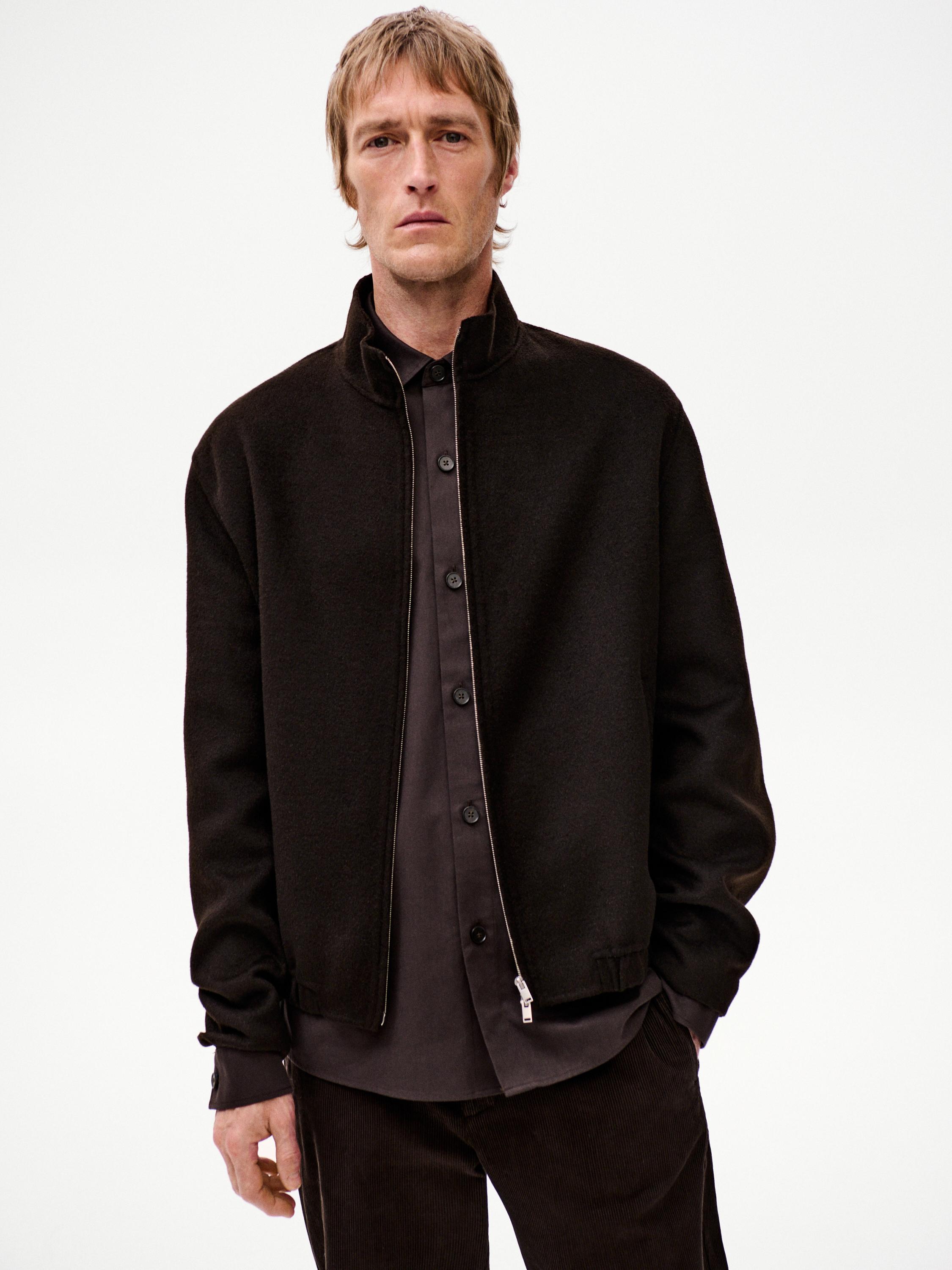 Wool blend high neck jacket — Chocolate