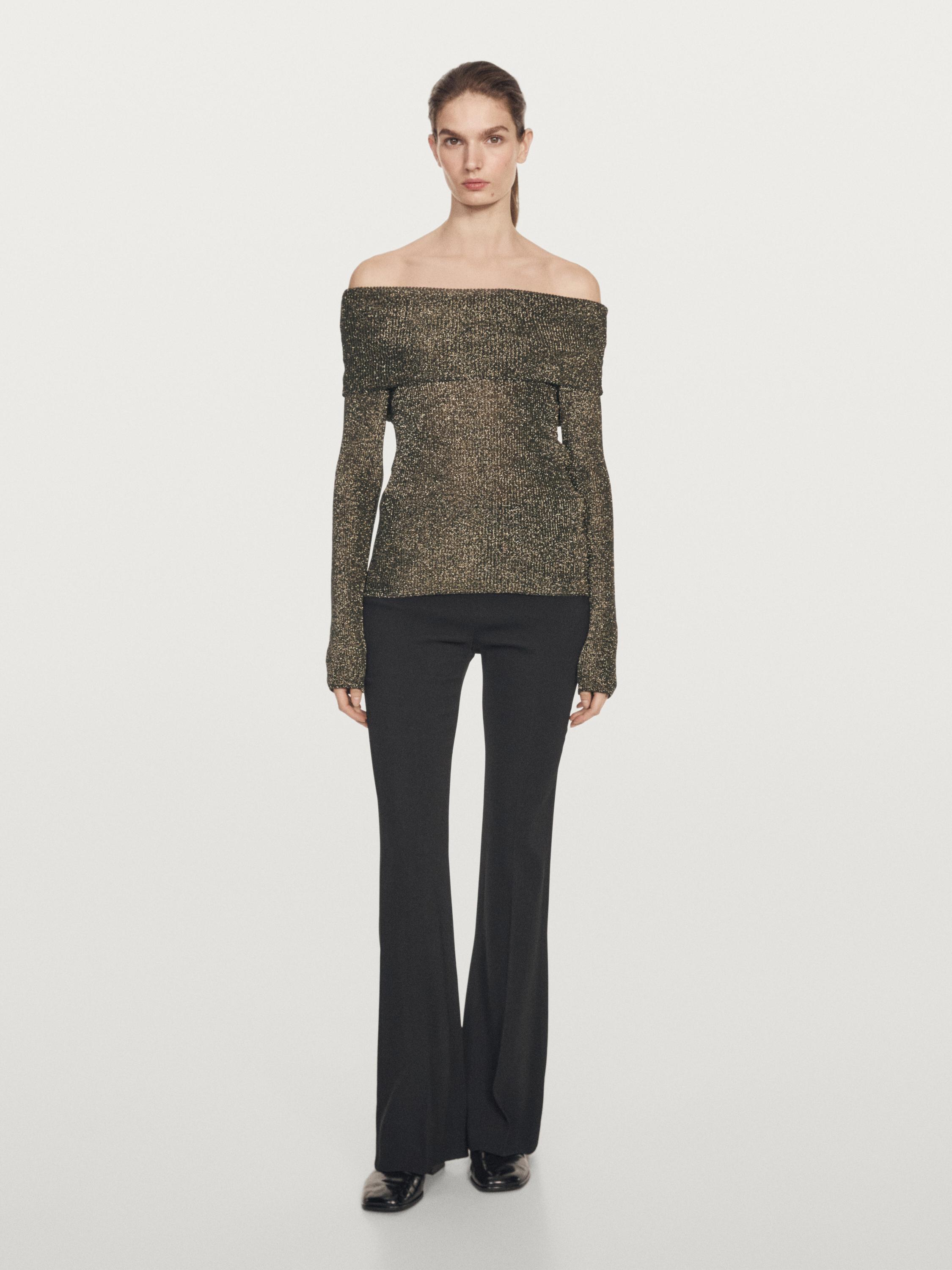 Off-the-shoulder knit sweater with metallic finish