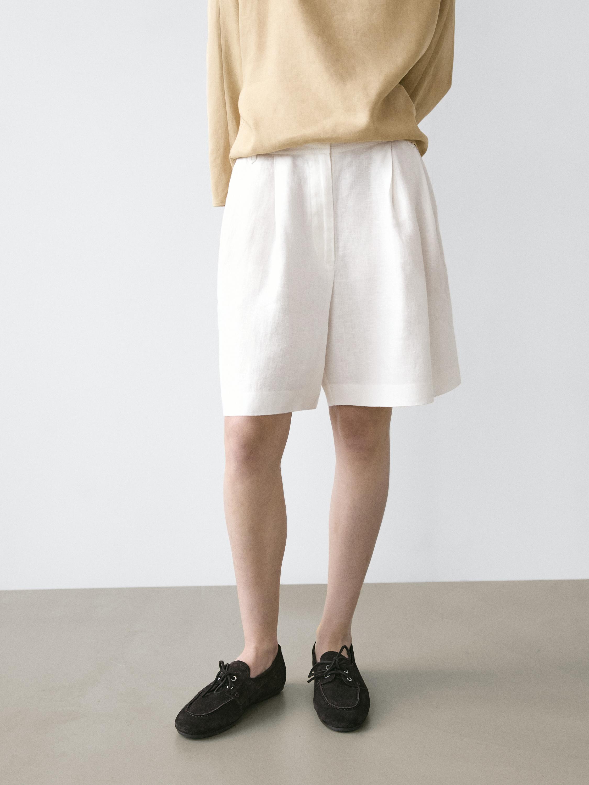 100% linen short pleated Bermuda shorts — WHITE