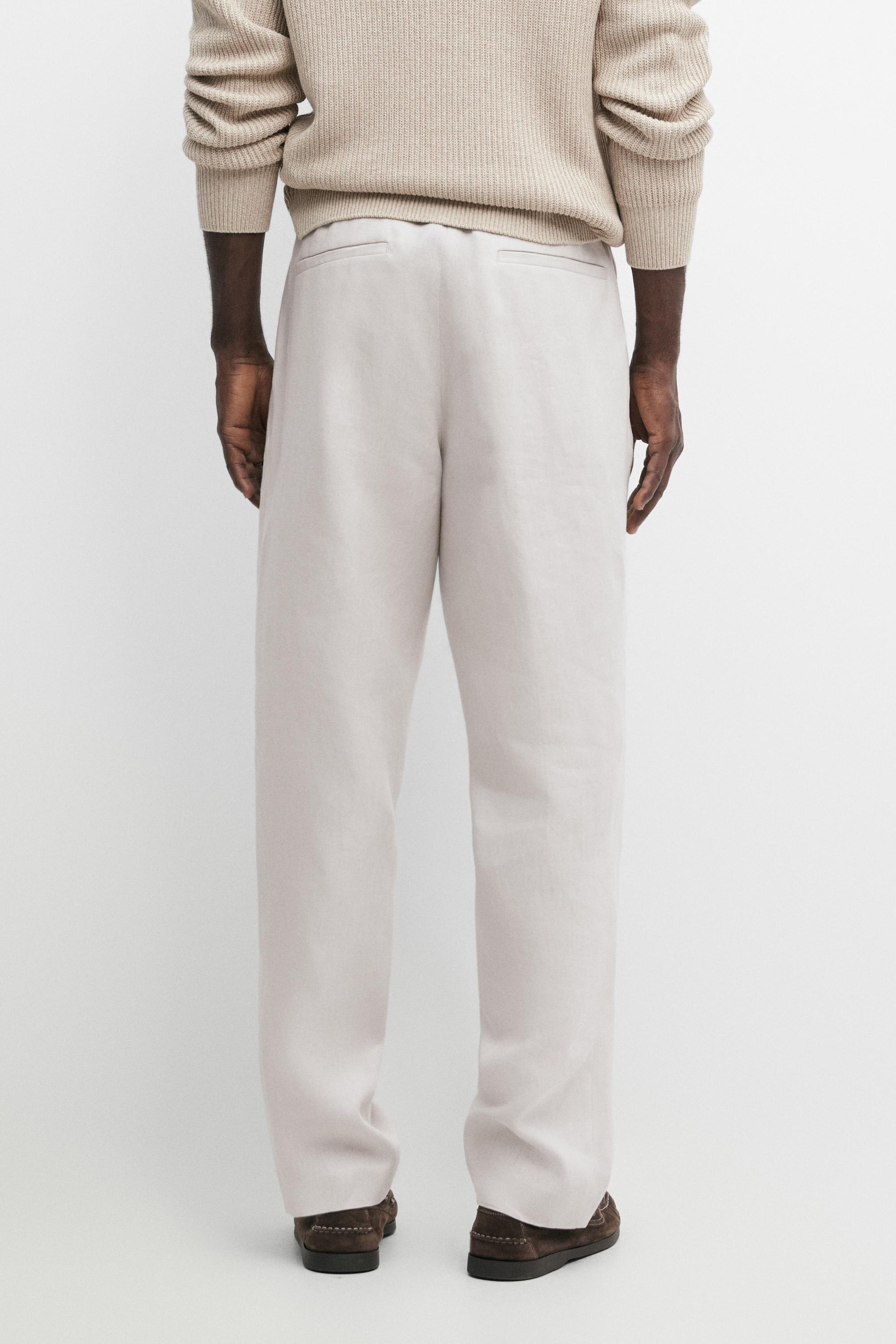 100% linen trousers with elasticated waist — Light Beige