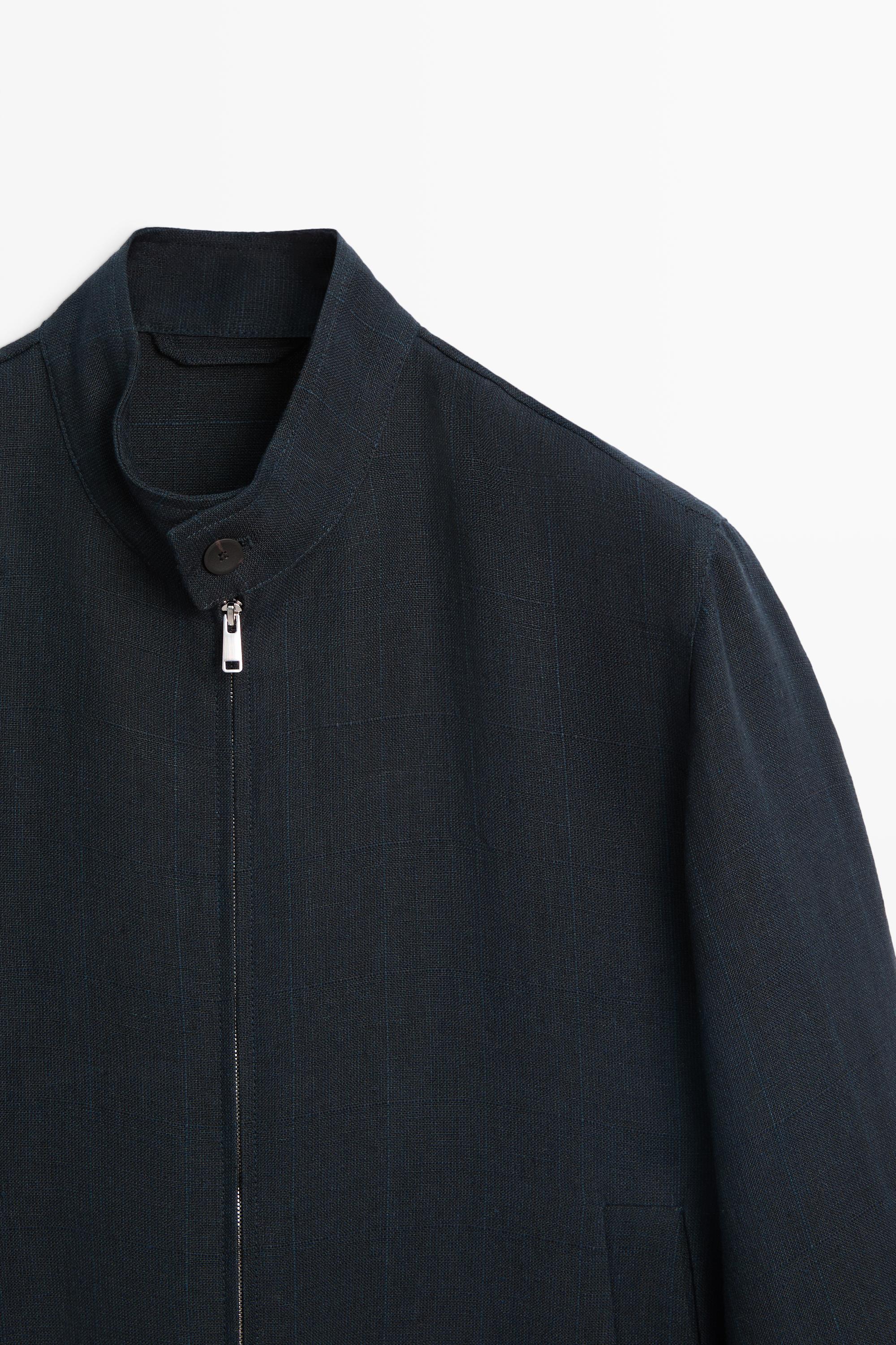 100% linen banded collar jacket — NAVY BLUE