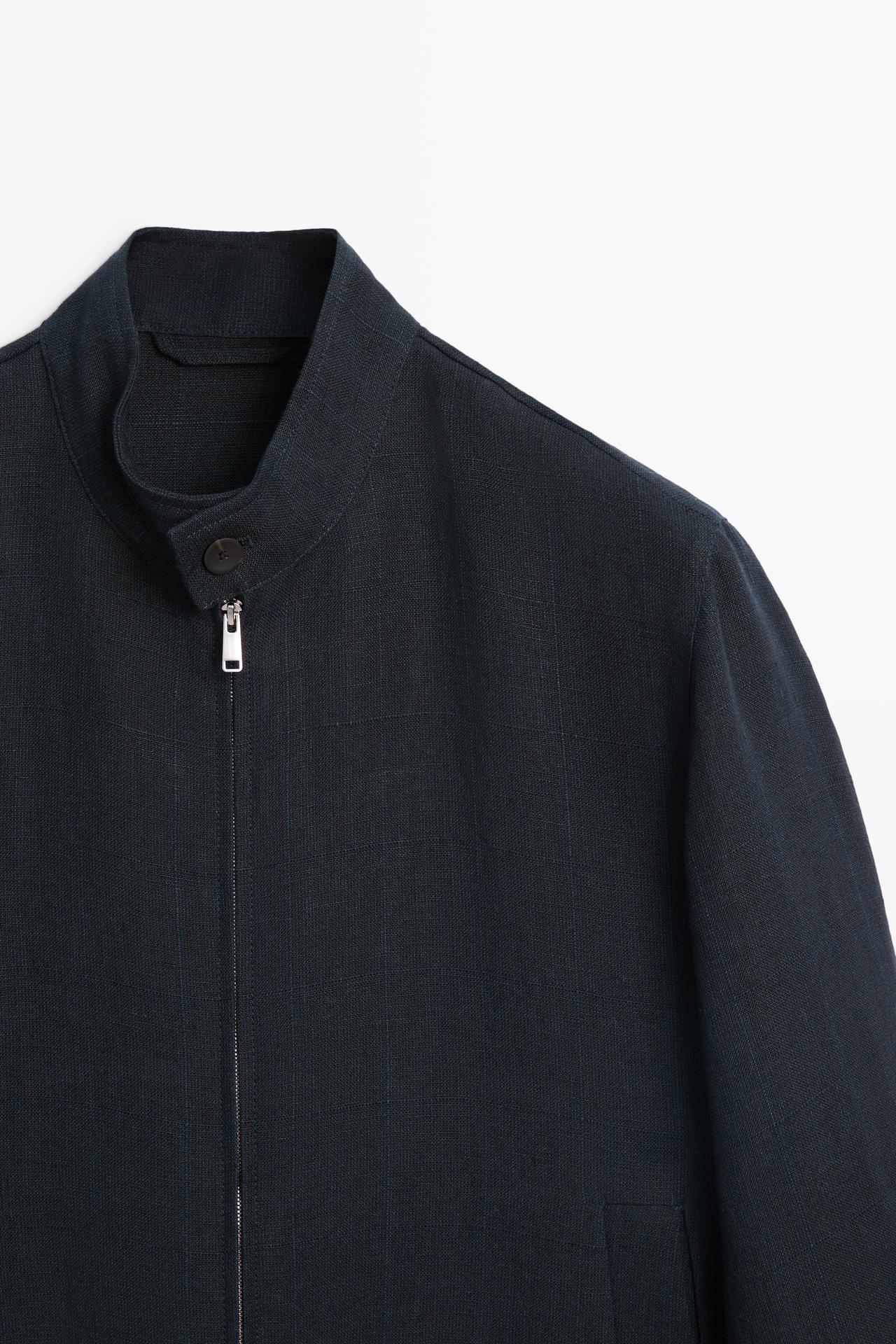 100% linen banded collar jacket — NAVY BLUE