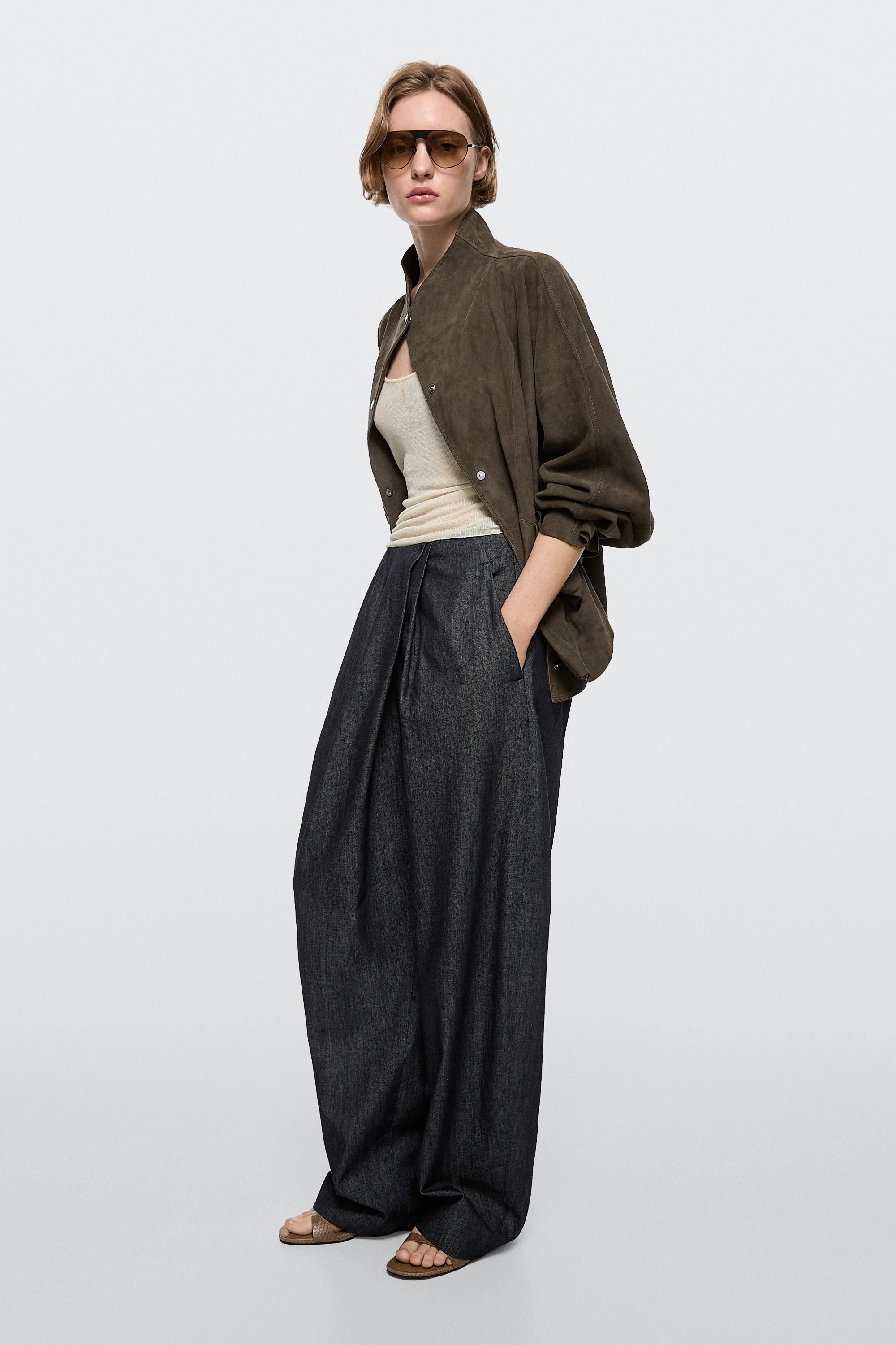 High-waist pants with crossover detail — DARK BLUE