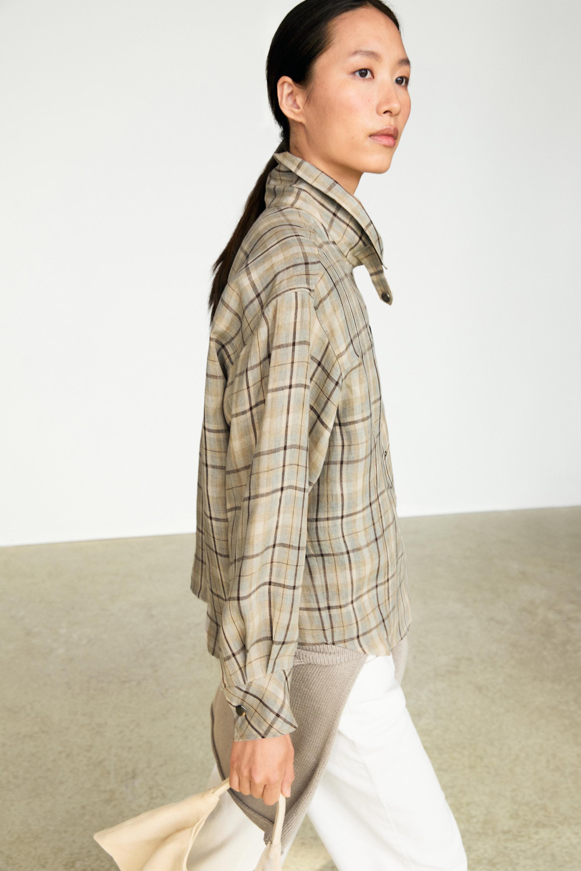 100% linen check snap button shirt — Light blue